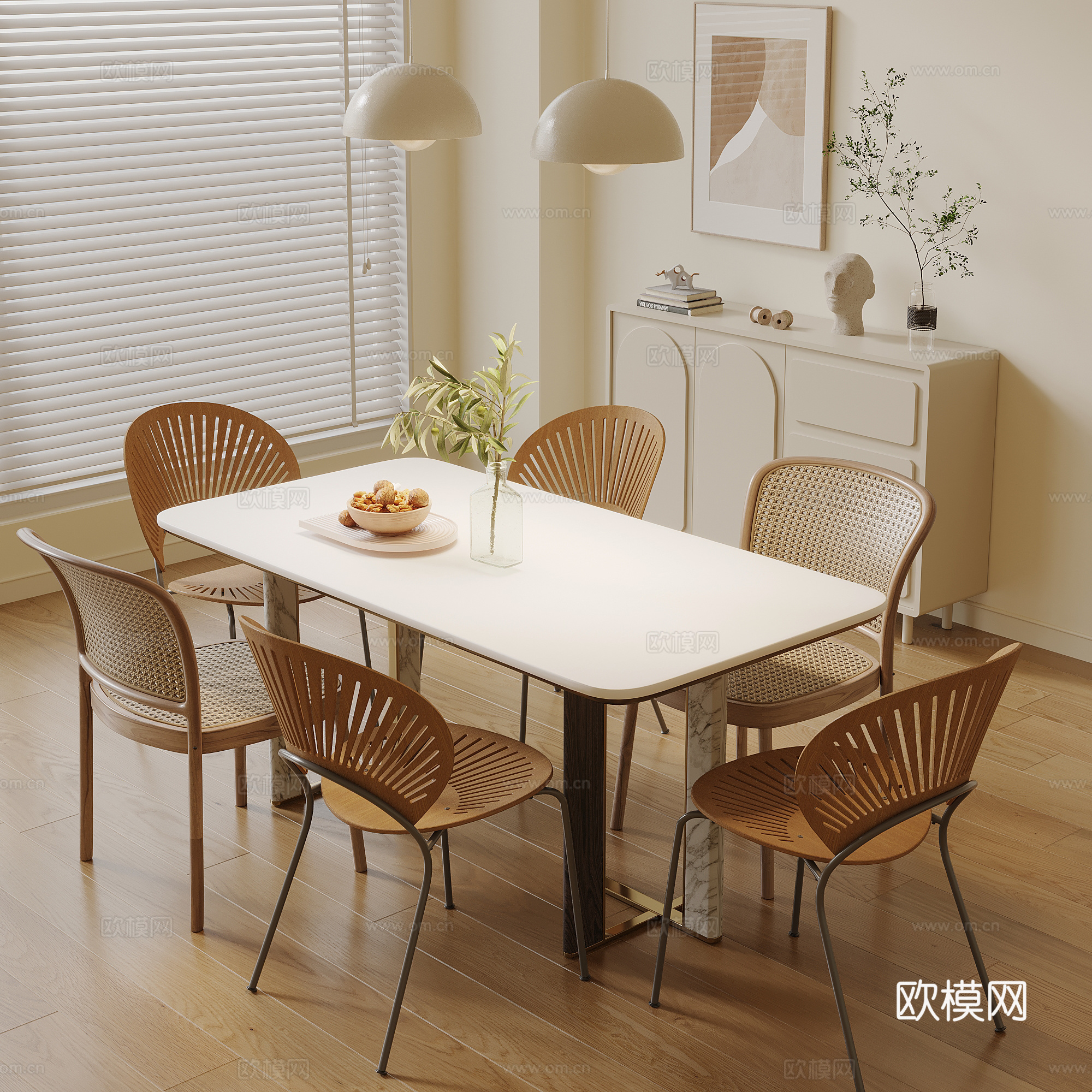 法式奶油风餐桌椅 餐边柜3d模型下载