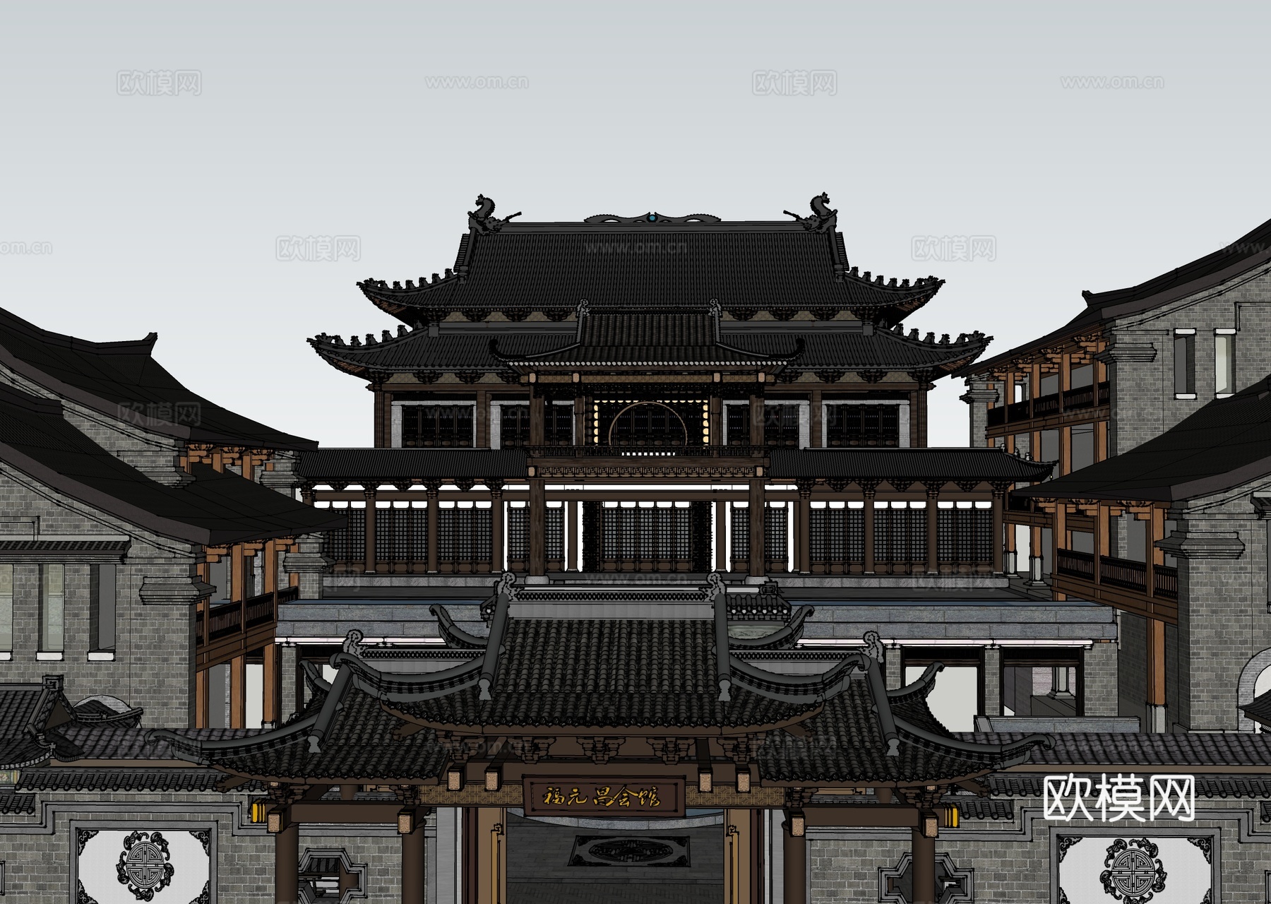 中式古建筑 城门楼 商业建筑su模型