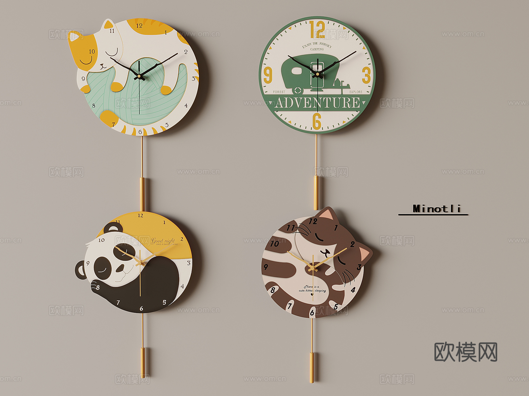 卡通钟表时钟挂钟 创意猫咪熊猫挂钟3d模型下载