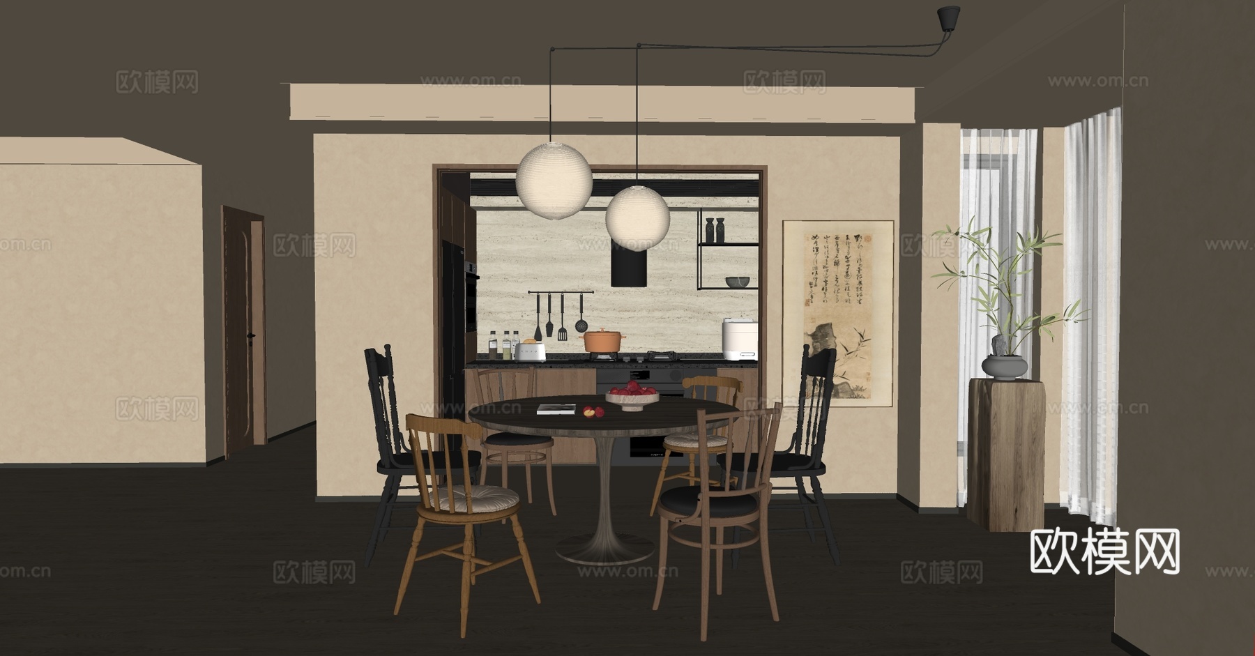 新中式餐厅 中式餐厅 宋式美学餐厅 中古风餐厅 开放式餐厅su模型