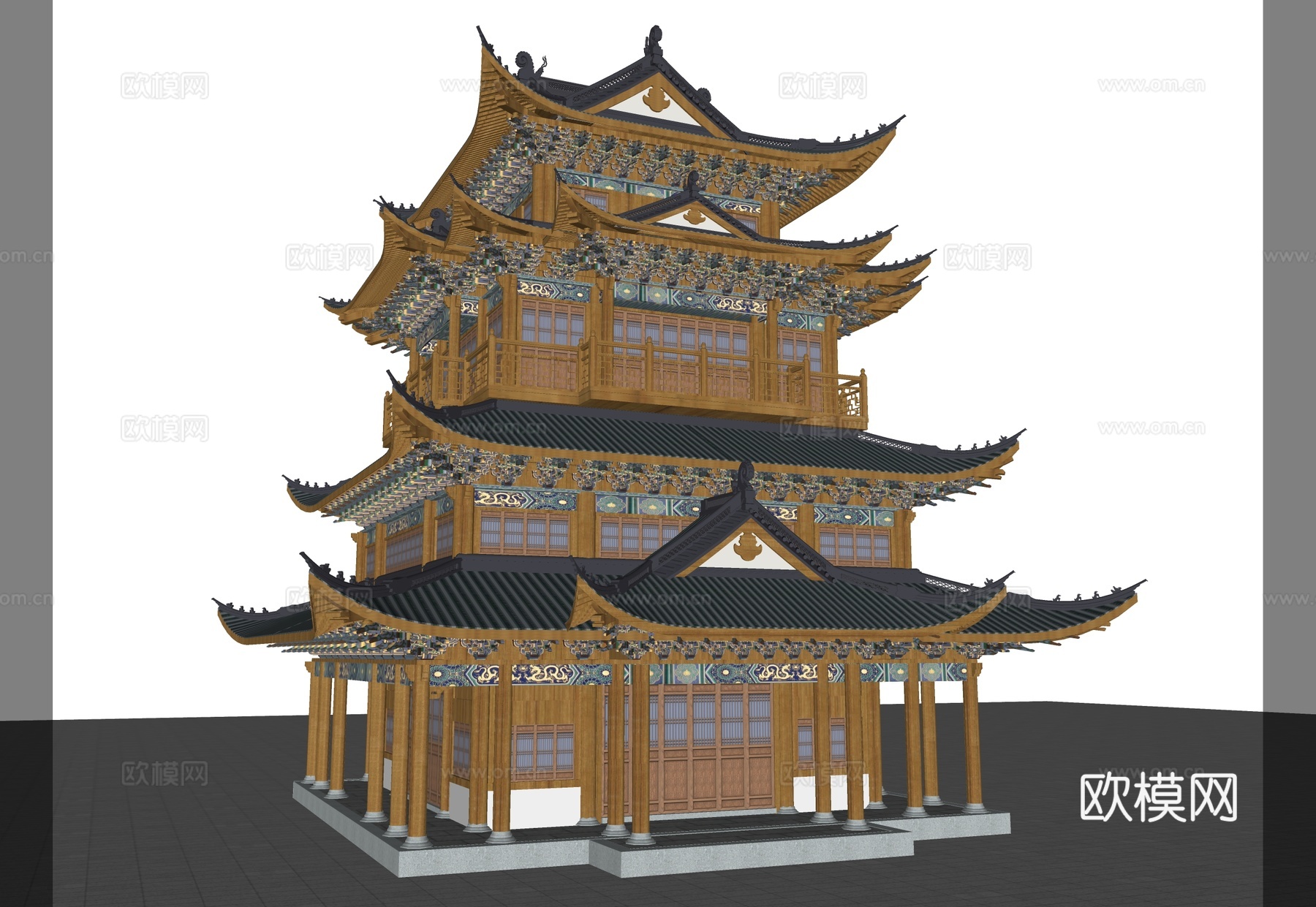 古建阁 清代阁 彩拱阁 彩绘阁 四层阁su模型