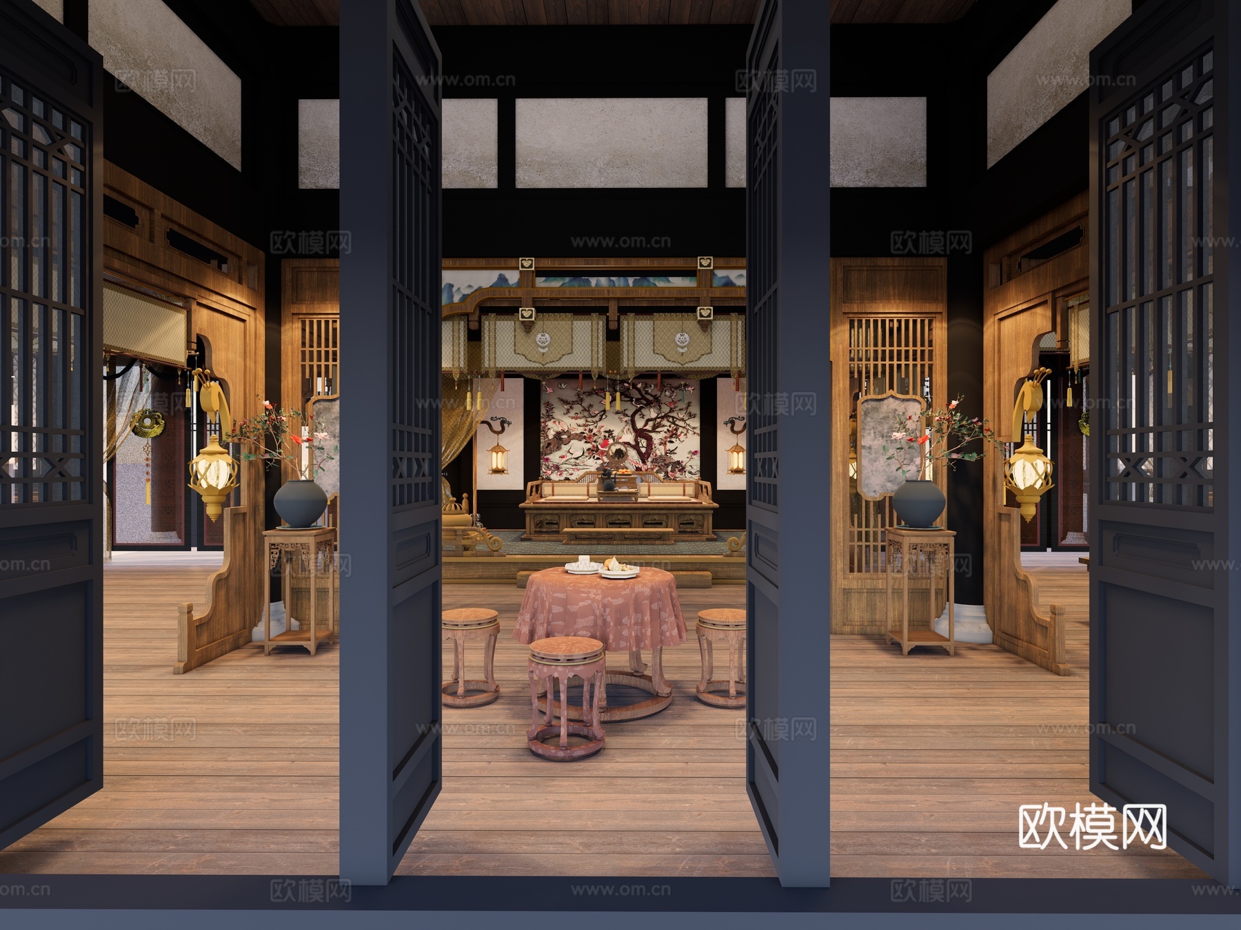 新中式中式影视 唐代寝宫 宋代卧室 贵人卧室 古代建筑会客厅su模型