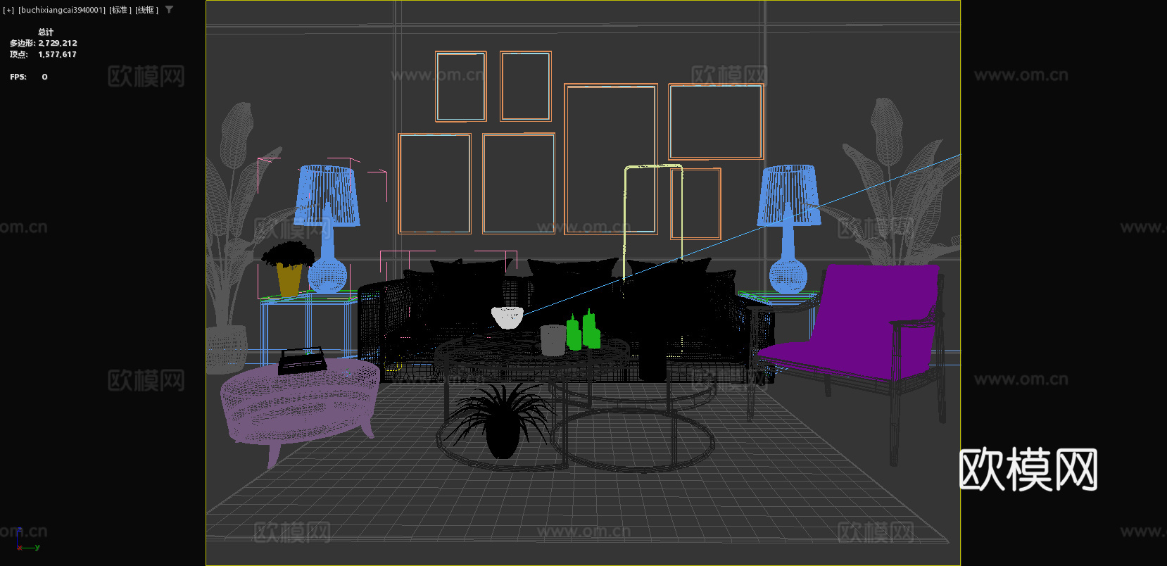 北欧客厅 挂画组合 沙发 单人椅 边几 台灯 茶几 绿植3d模型下载（渲染图4）