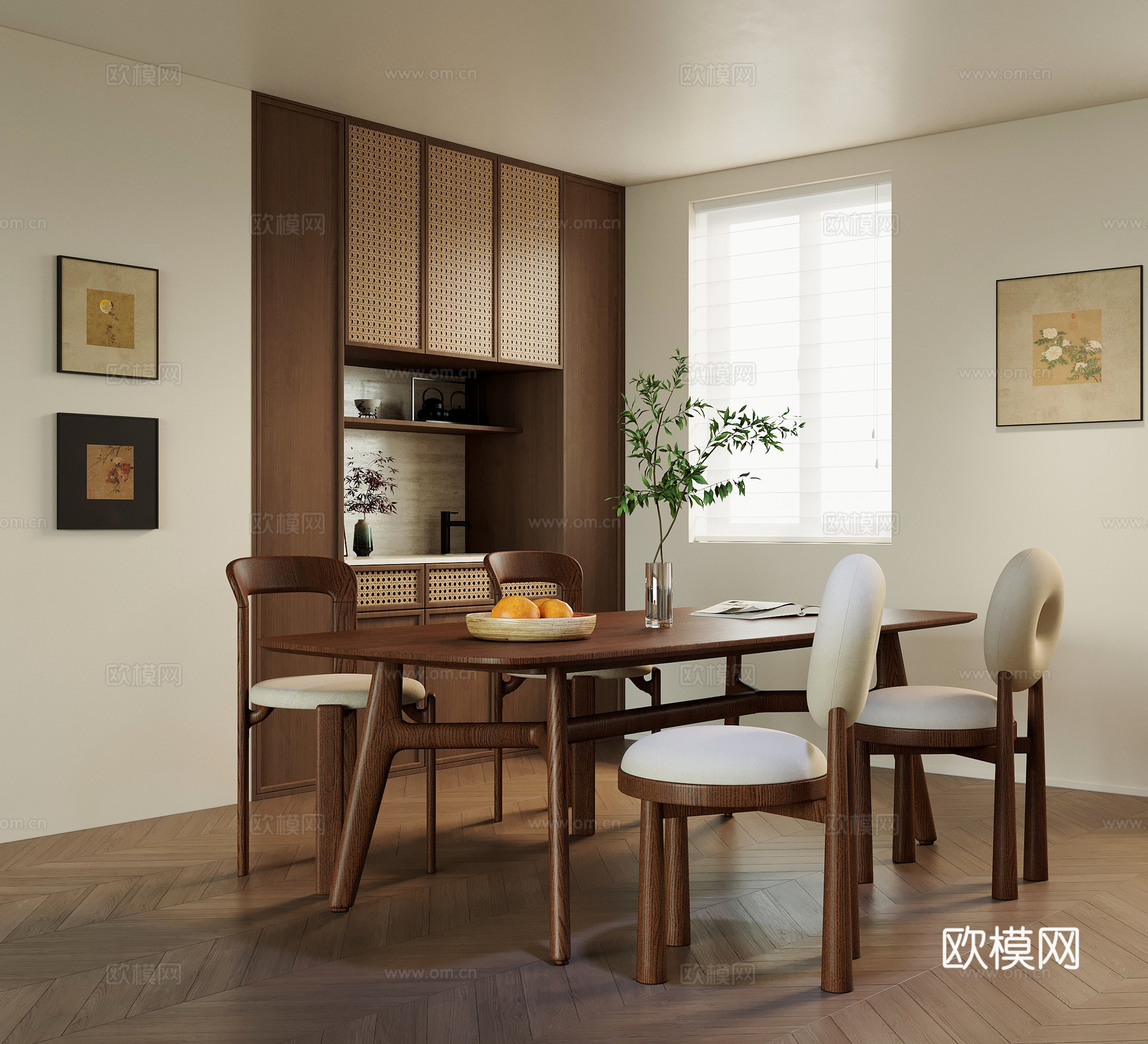 现代中古风餐厅 餐桌椅 餐边柜su模型