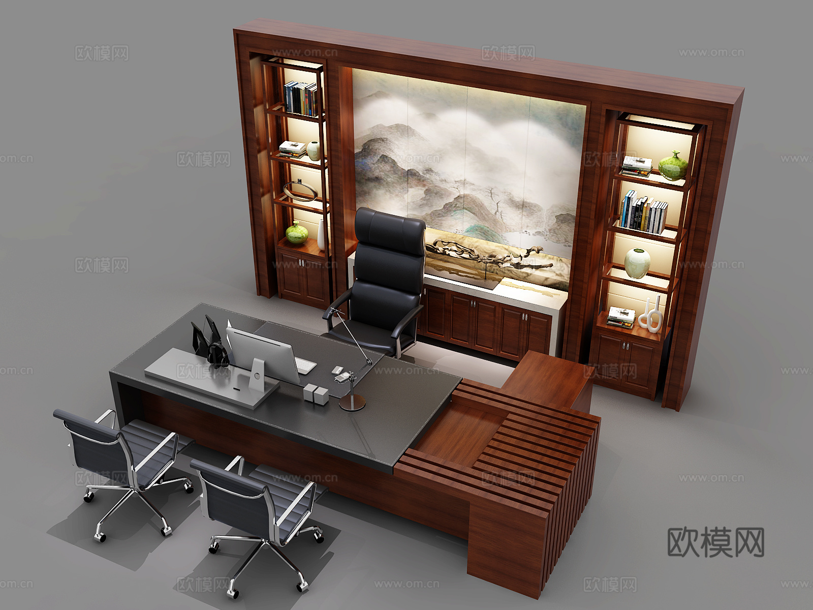 新中式办公桌班台书柜组合 中式办公桌椅书柜组合 办公桌椅3d模型下载（渲染图1）