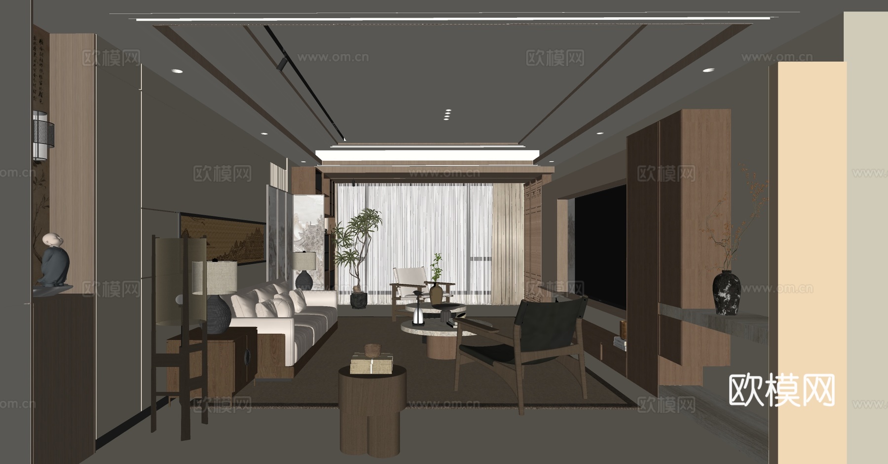 新中式禅意家居客厅 中式客厅 宋式美学客厅 无主灯客厅su模型