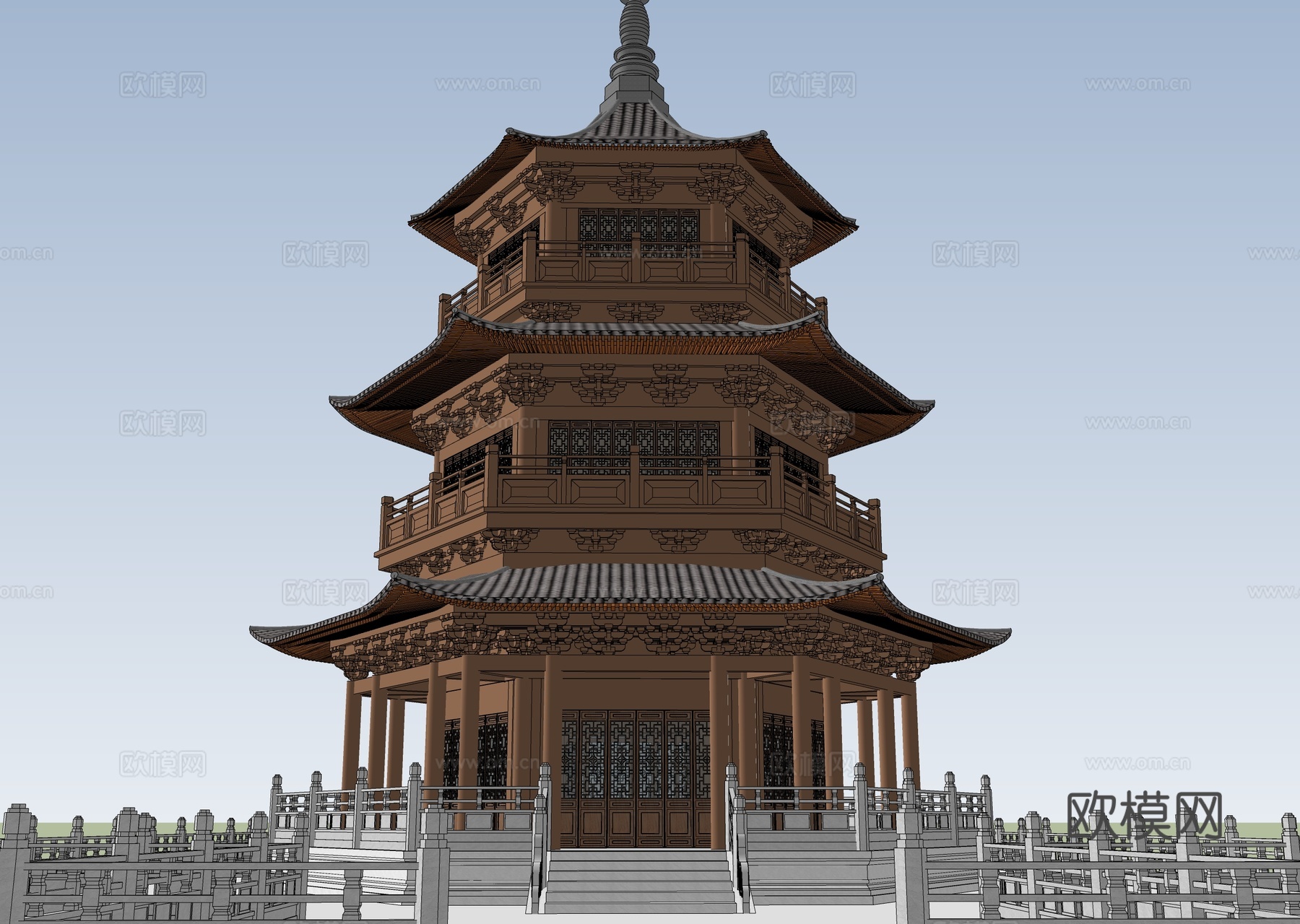 中式六角阁楼  中式古建su模型