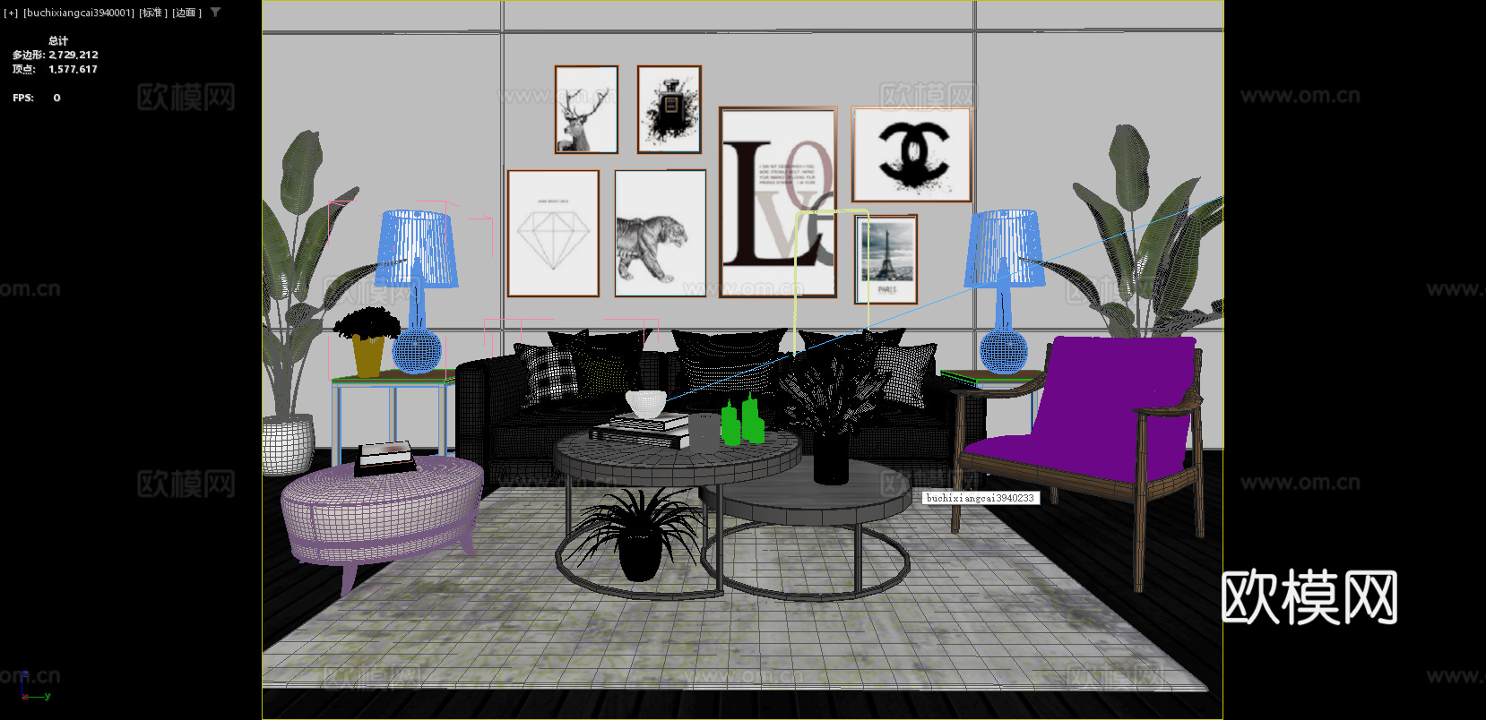 北欧客厅 挂画组合 沙发 单人椅 边几 台灯 茶几 绿植3d模型下载（渲染图2）