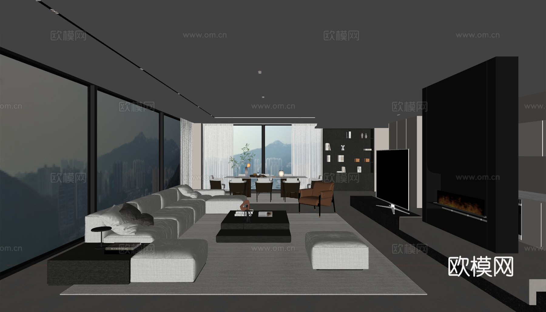 现代风格客厅 组合沙发 茶几 装饰画 客厅书房su模型