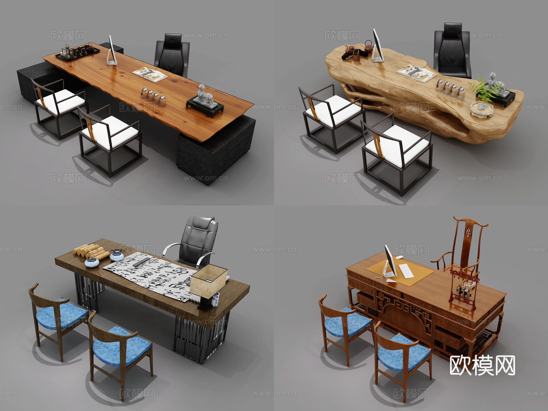 新中式办公桌班台 中式办公桌班台 办公桌椅组合 新中式办3d模型下载
