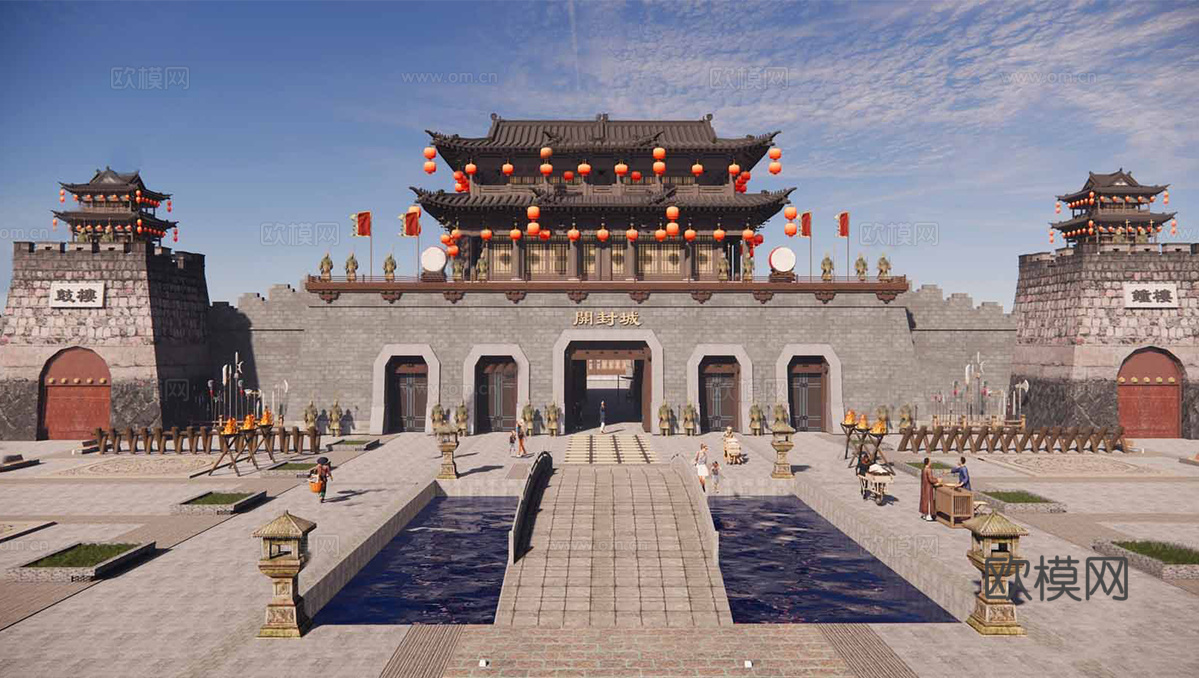 中式宋代古城城门 城楼广场  古城su模型