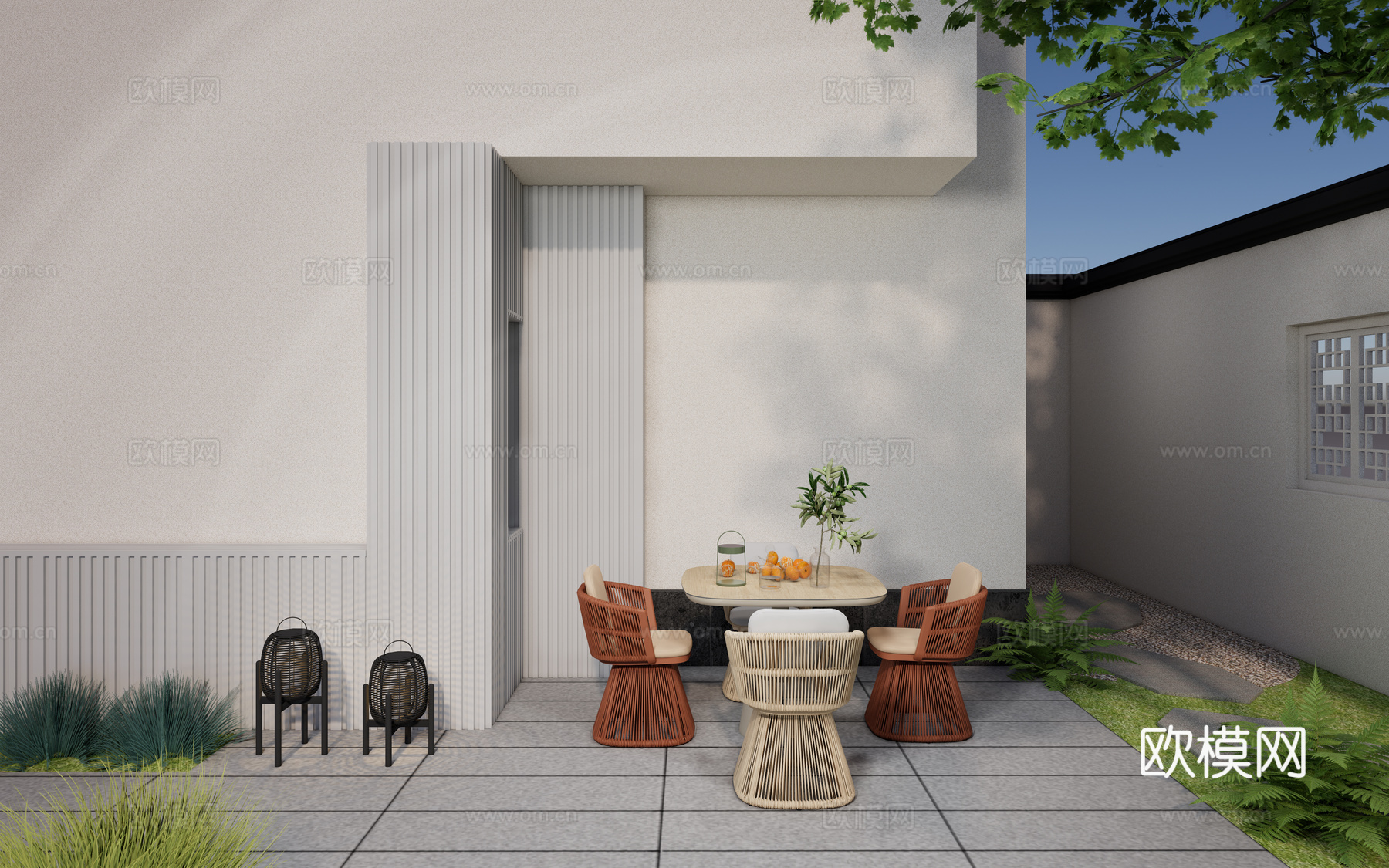 现代户外庭院餐桌椅 餐饮外摆家具 方形一桌四椅su模型
