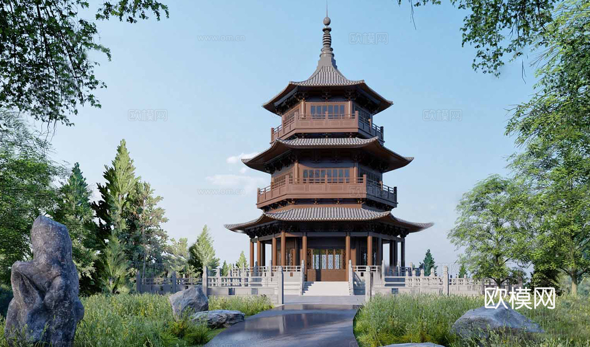 中式六角阁楼  中式古建su模型