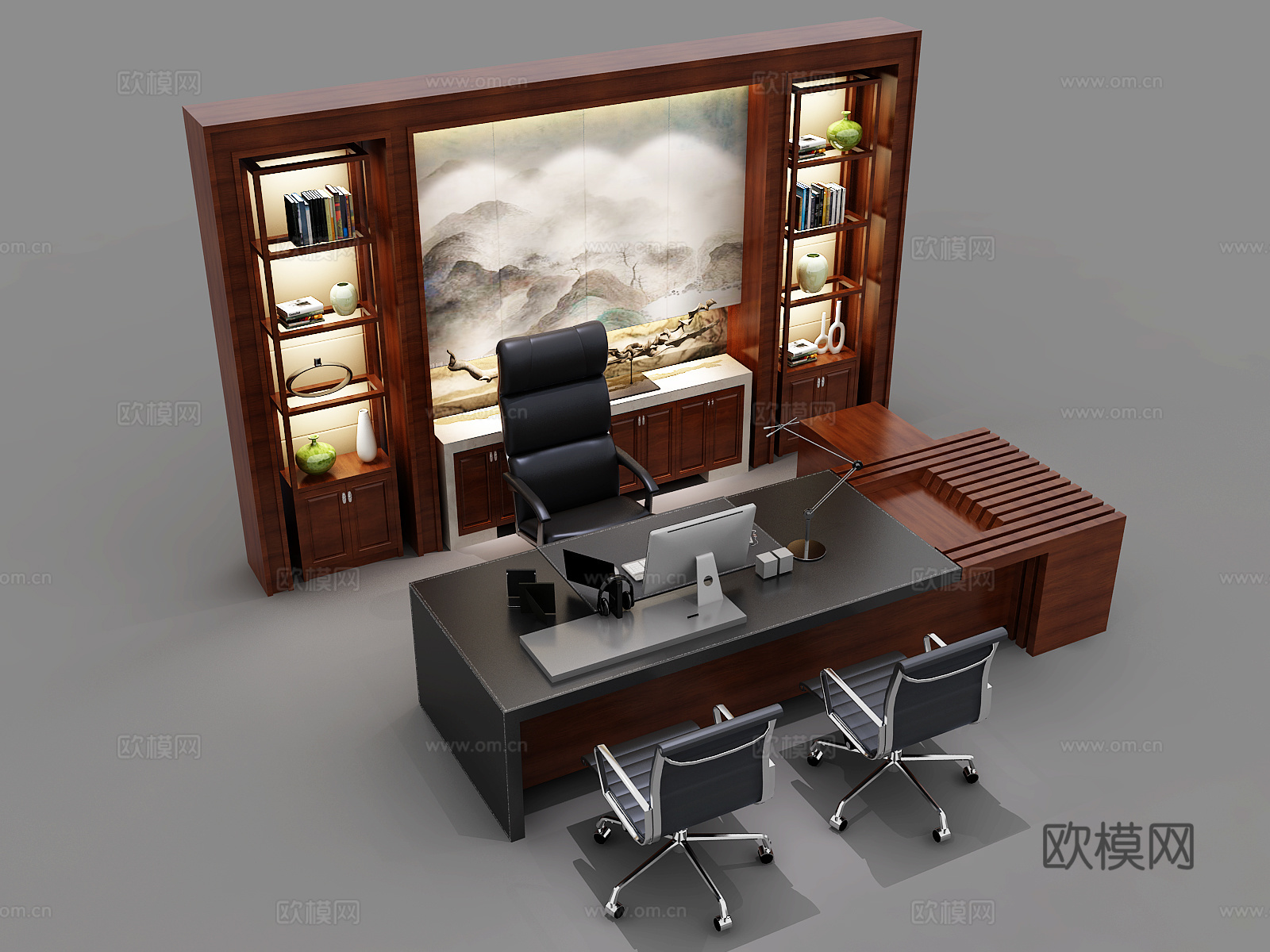 新中式办公桌班台书柜组合 中式办公桌椅书柜组合 办公桌椅3d模型下载（渲染图2）
