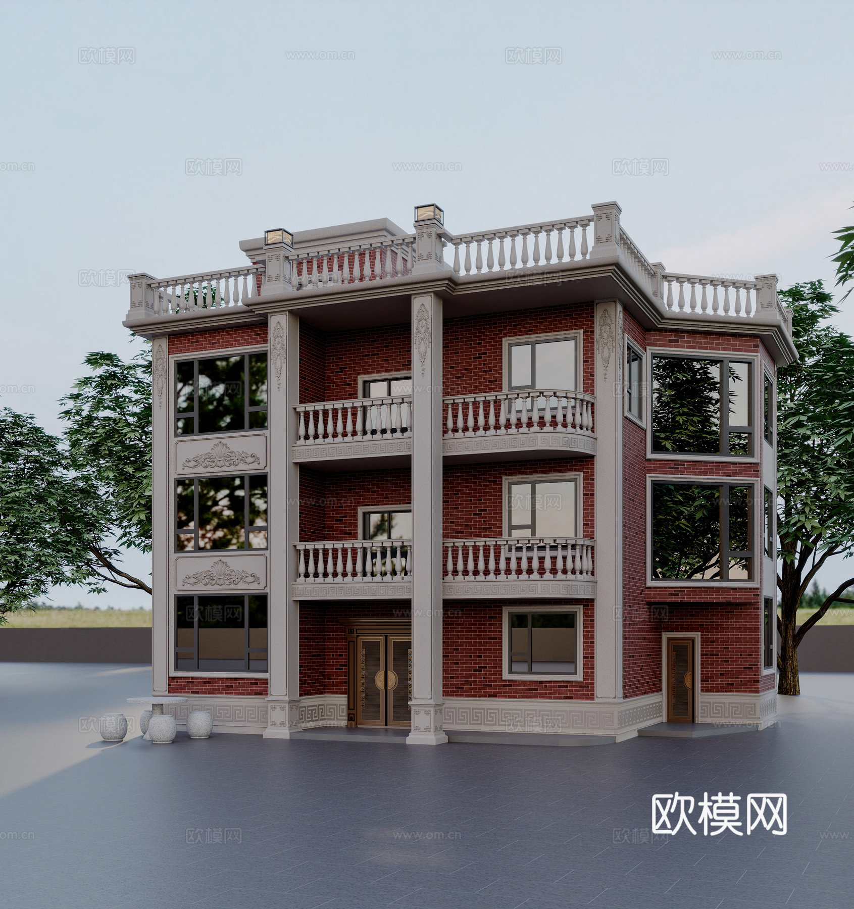新中式别墅外观3d模型下载