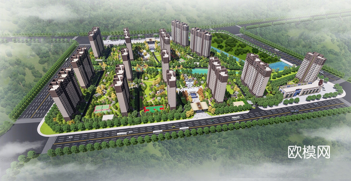 现代小区建筑  高层住宅 小区建筑鸟瞰su模型