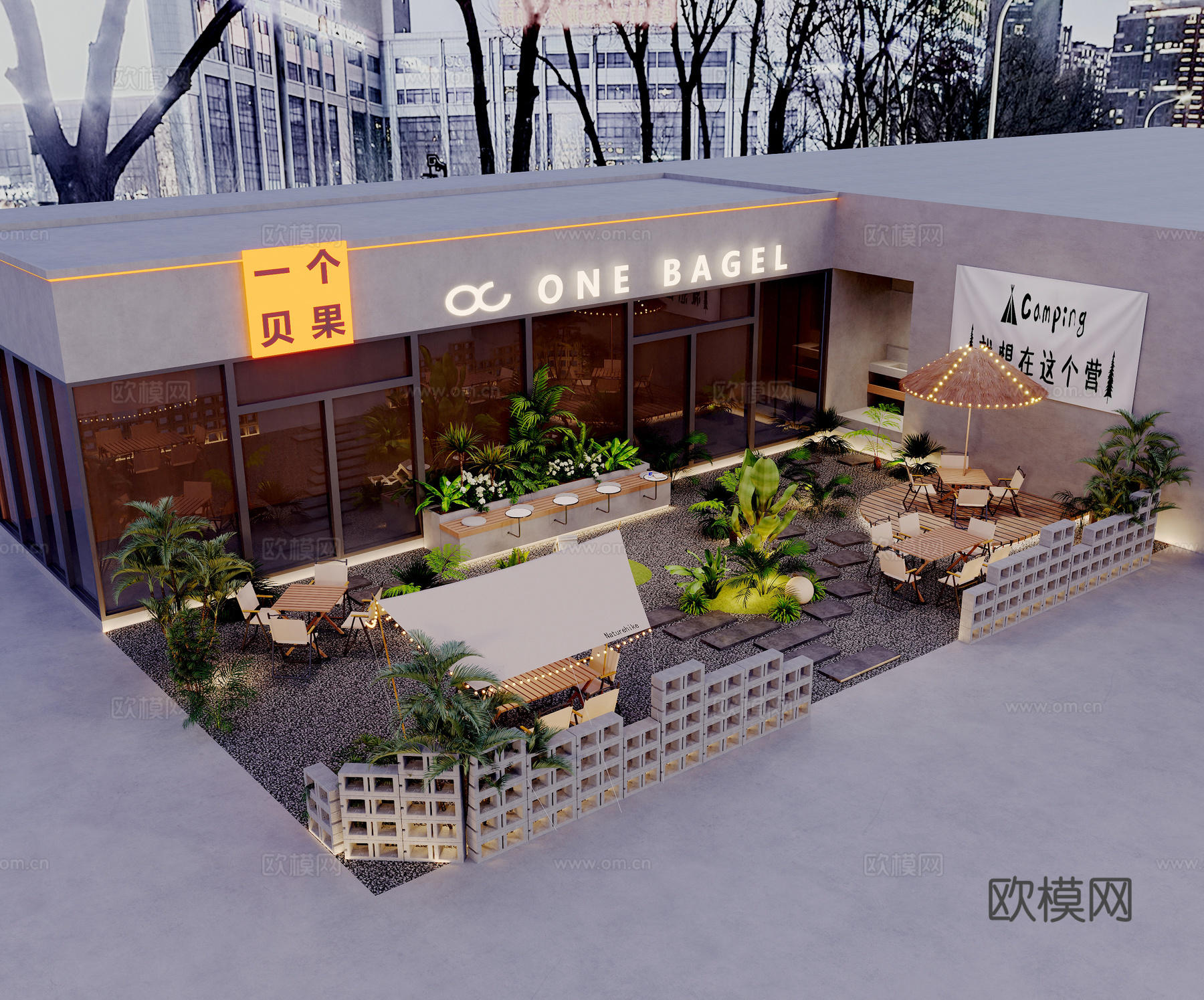 现代面包店门头庭院3d模型下载