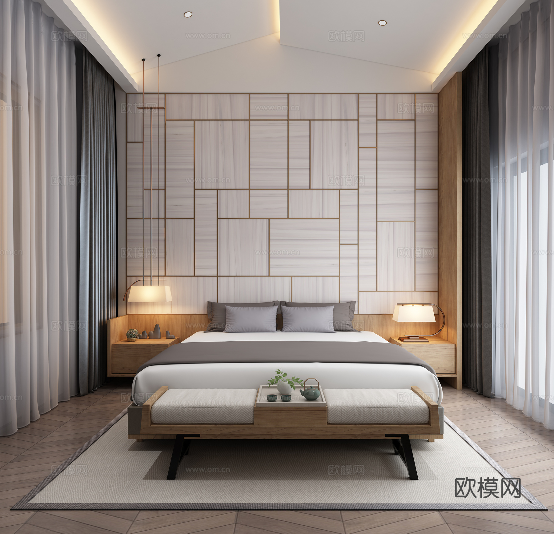 新中式卧室 床 床尾凳 吊灯 台灯3d模型