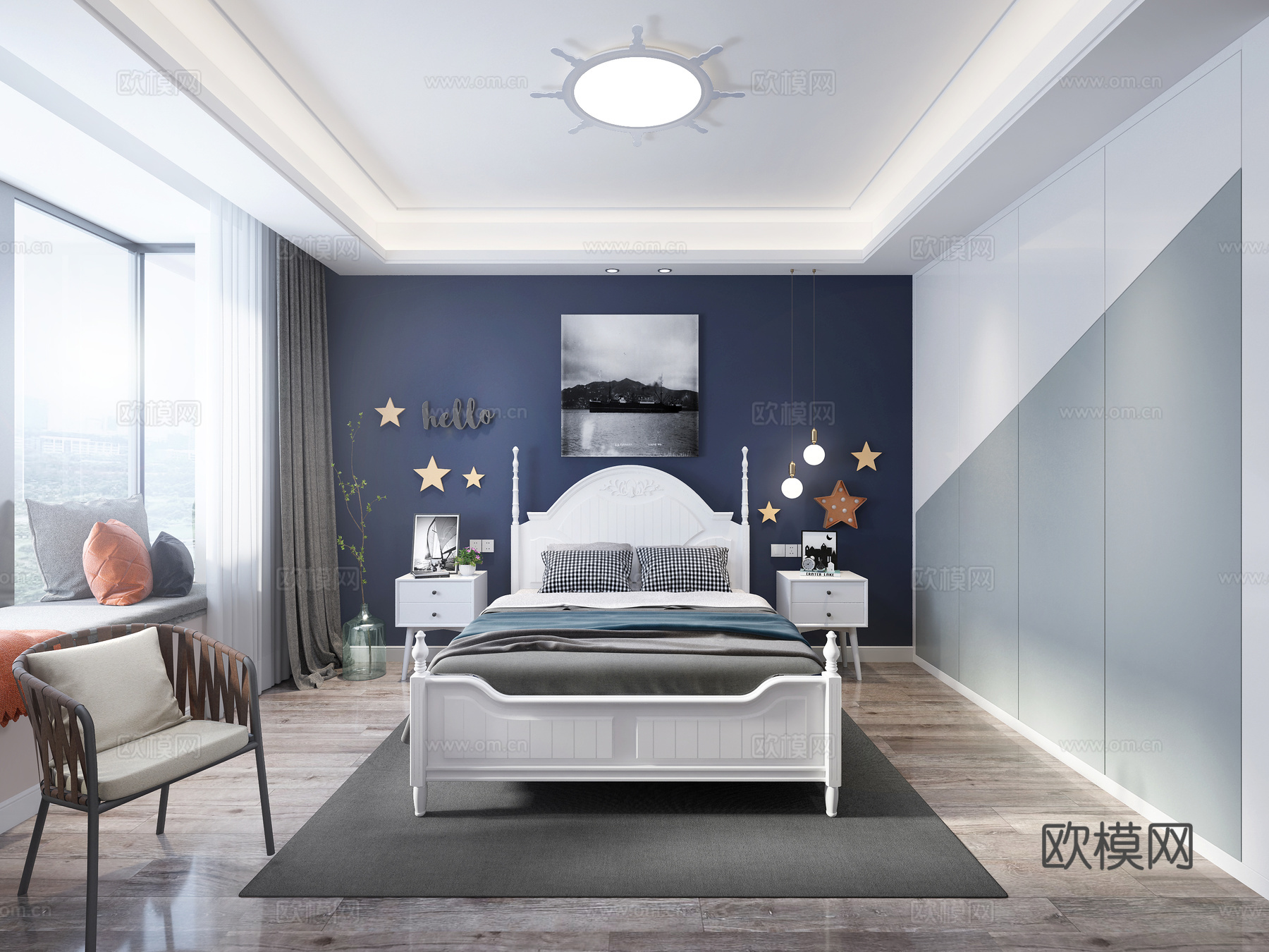 美式卧室 卧室 儿童房 美式双人床单椅 摆件 饰品3d模型下载