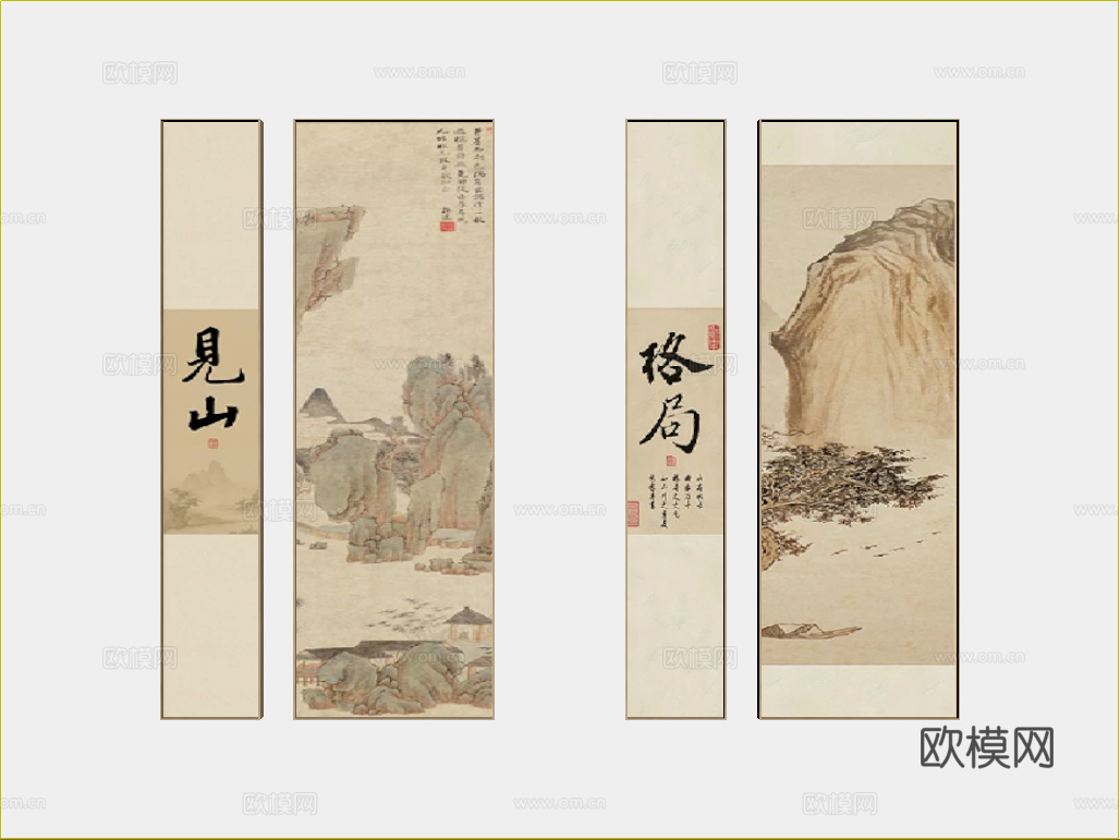 中式竖版组合画 宋式美学组合画 书房挂画su模型