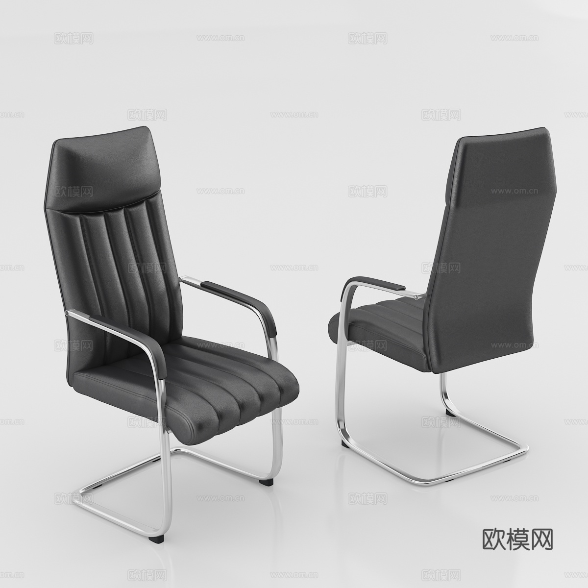 现代会议室 真皮会议椅 不锈钢弓形脚架办公椅 培训椅白底图3d模型下载