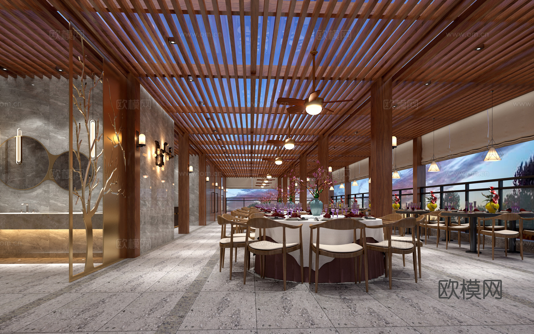 中式露天餐厅 餐桌 吊灯3d模型