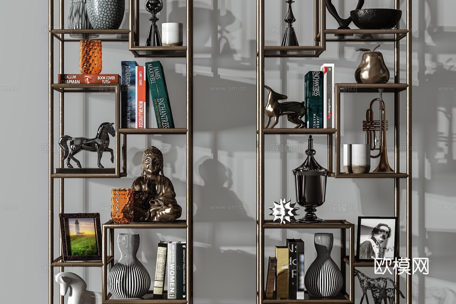 现代书架装饰品书本组合3d模型下载（渲染图2）