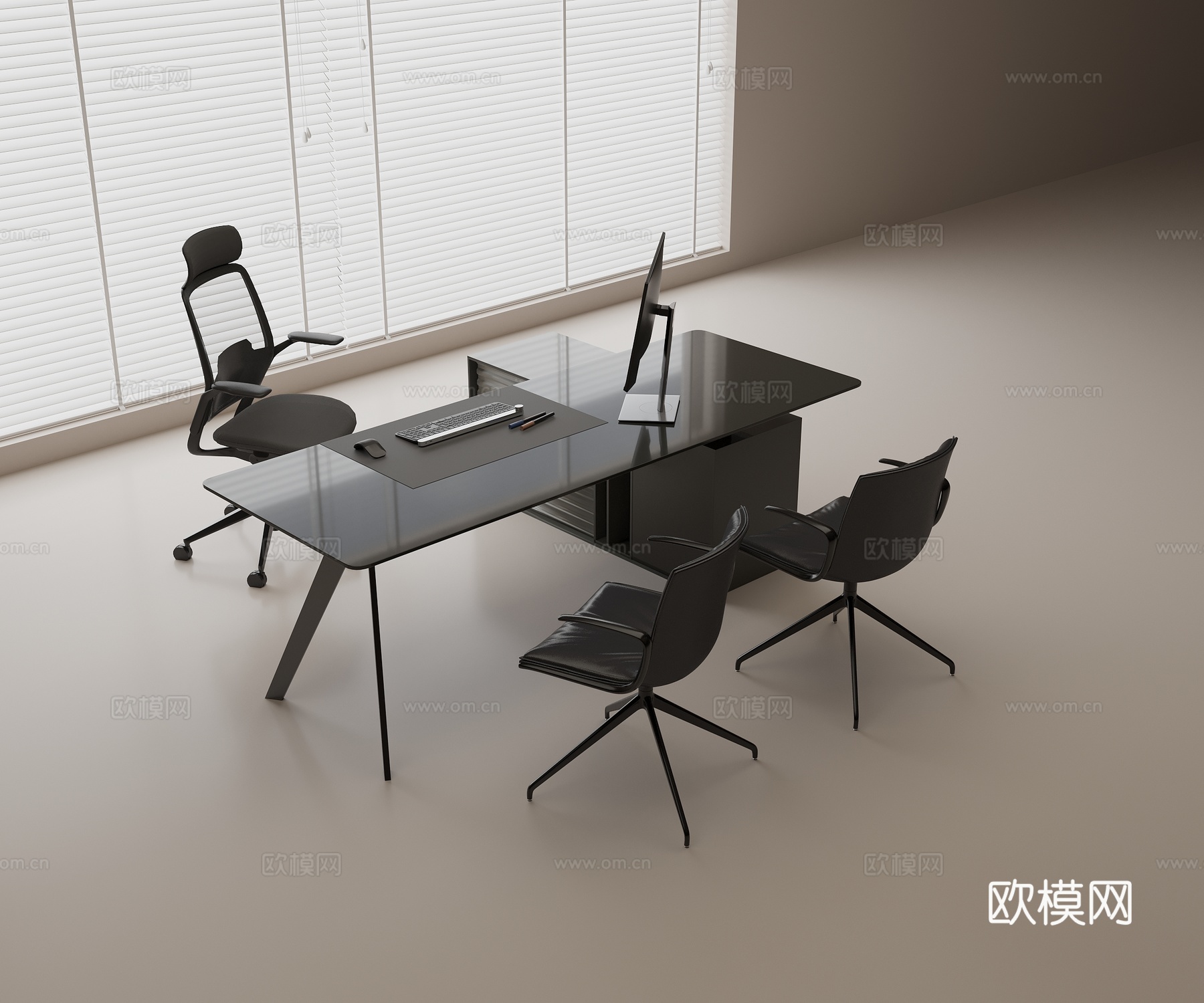 现代书桌椅组合 简约书桌 转动办公椅 皮质办公椅 电脑一体机su模型