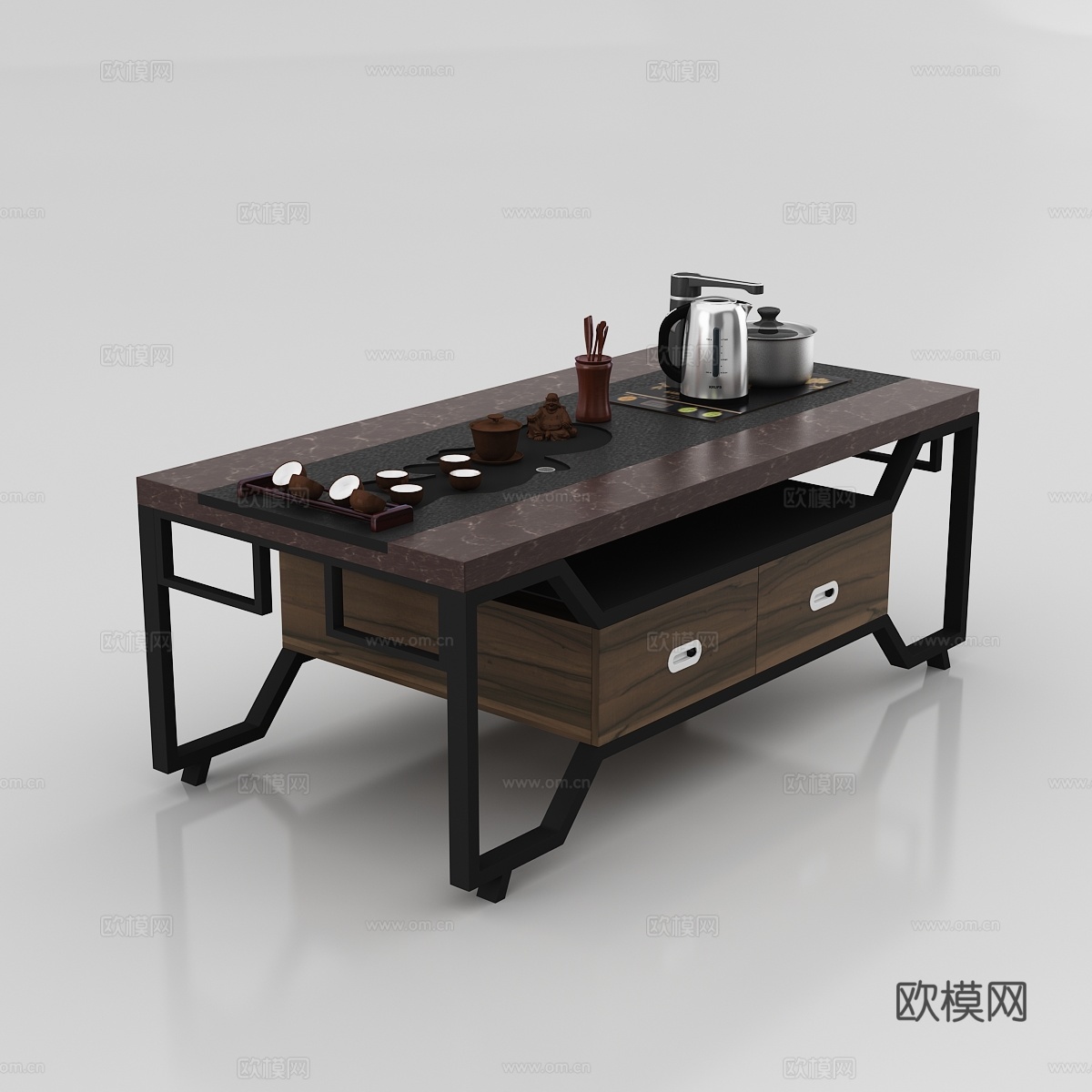 现代休闲室 招待室 铁艺茶几 功夫茶几 岩板火烧石茶台白底图3d模型下载