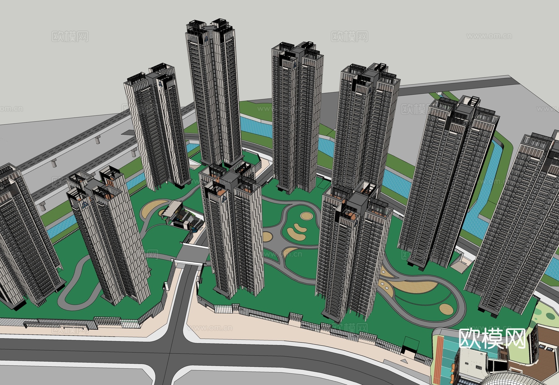 现代小区建筑 保障房住宅  小区鸟瞰图su模型