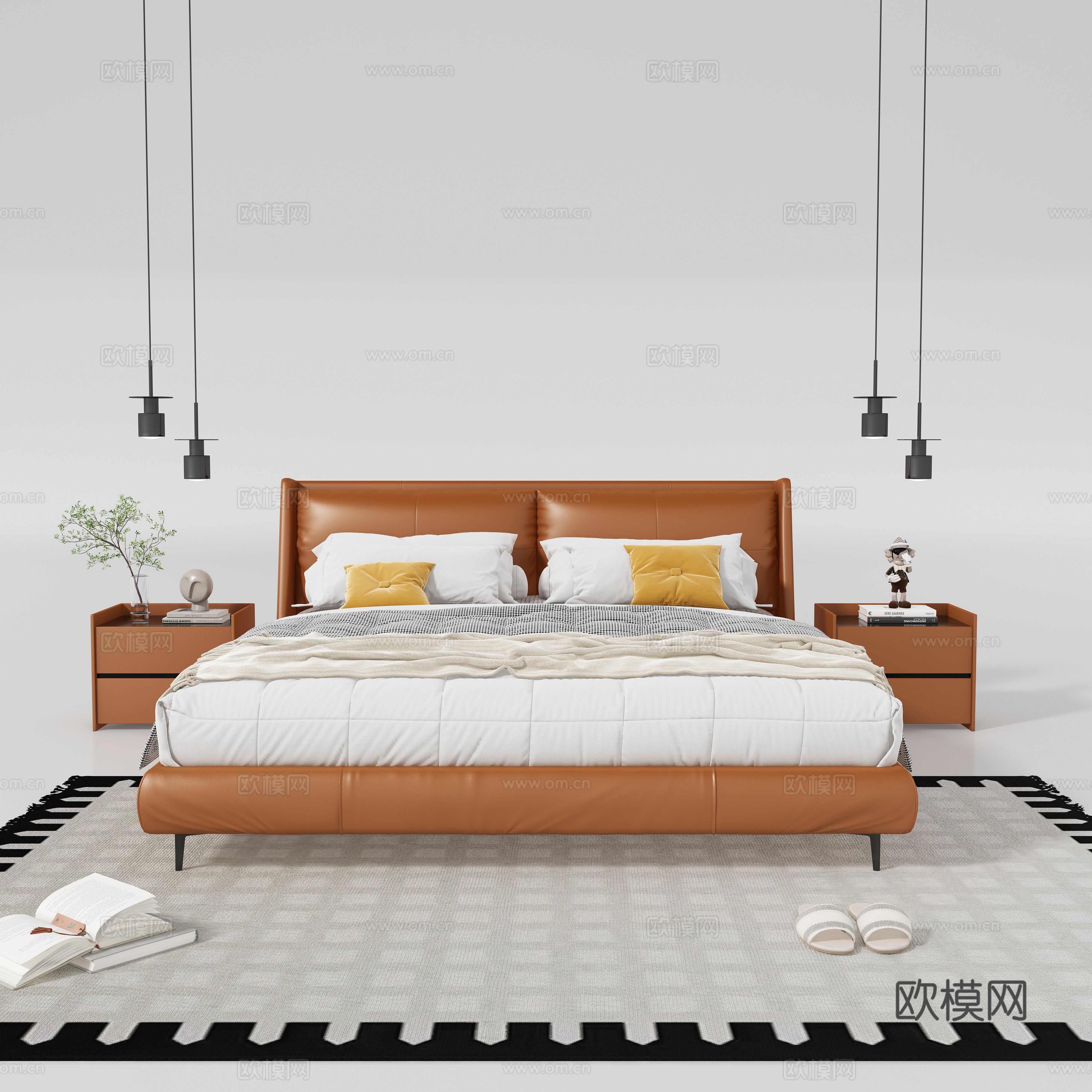 现代中古风双人床 床头柜3d模型下载