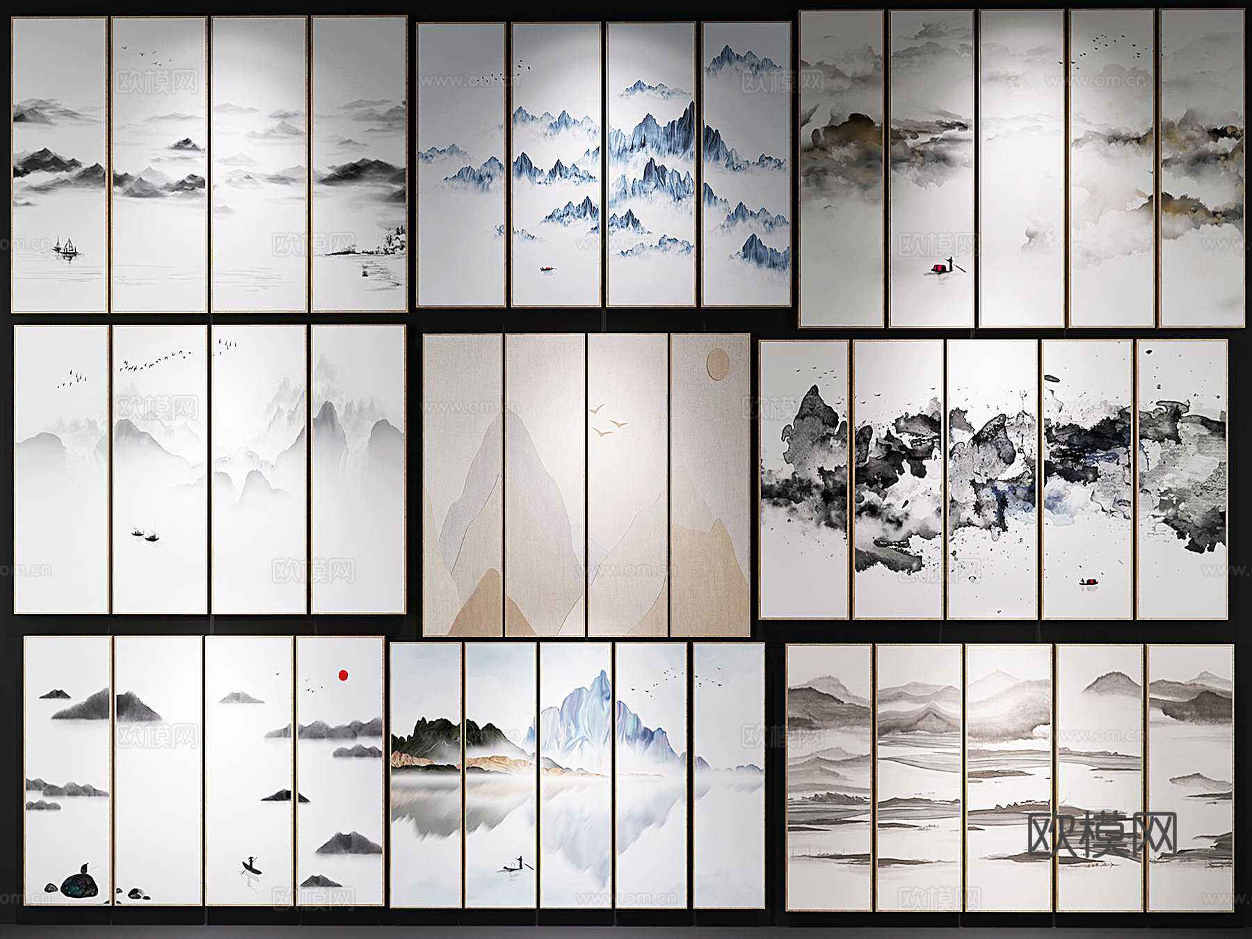 新中式禅意新中式挂画水墨挂画多联画3d模型