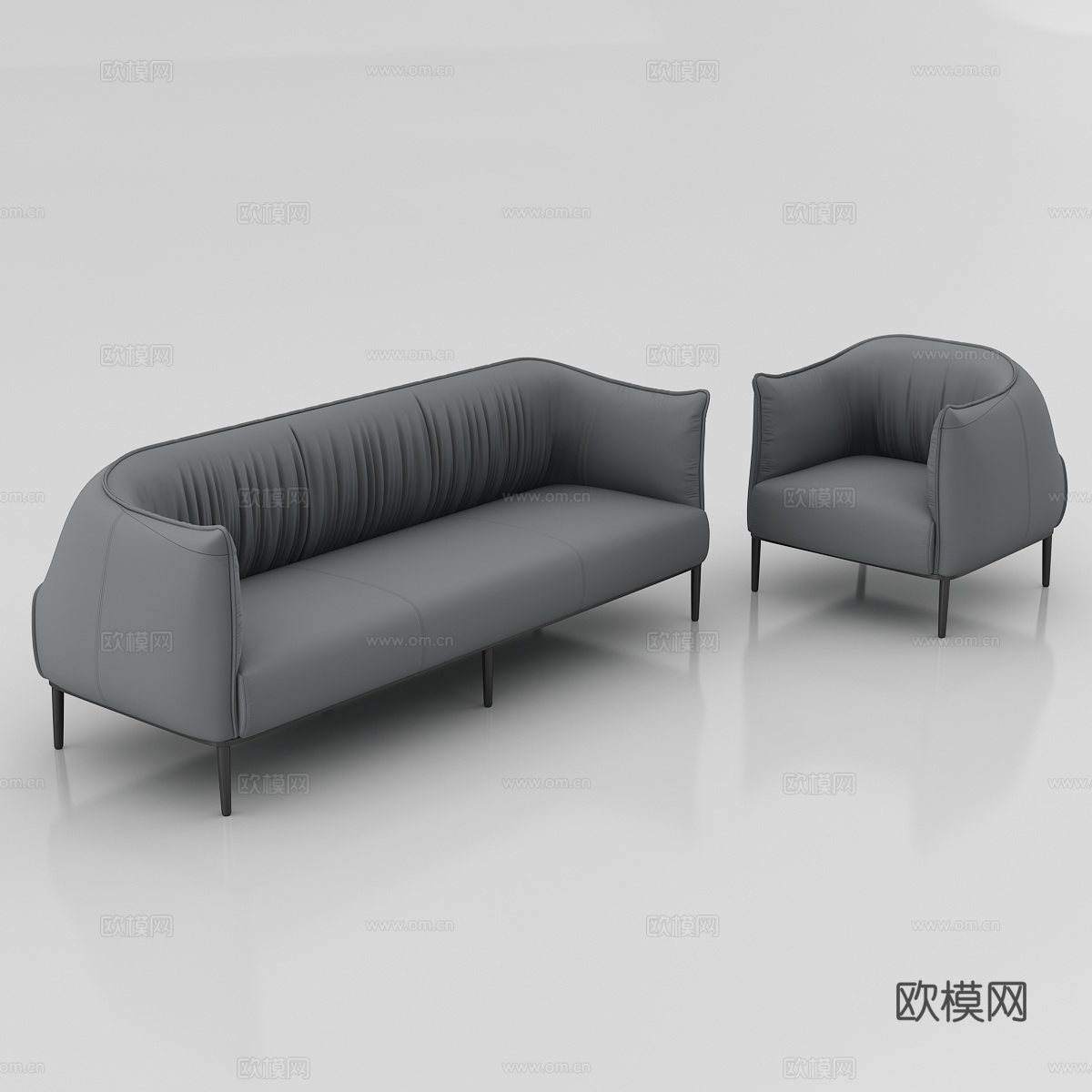 现代办公室 办公沙发 灰色真皮民用沙发 三人位单人位沙发3d模型下载