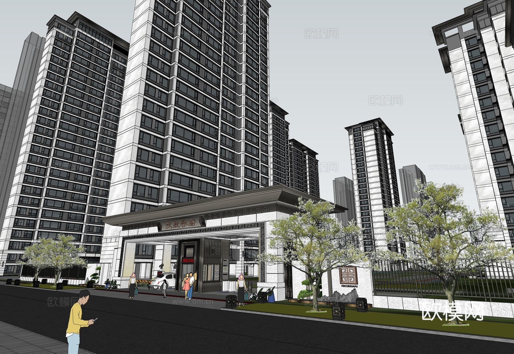 新中式小区建筑  小高层住宅 小区建筑鸟瞰su模型