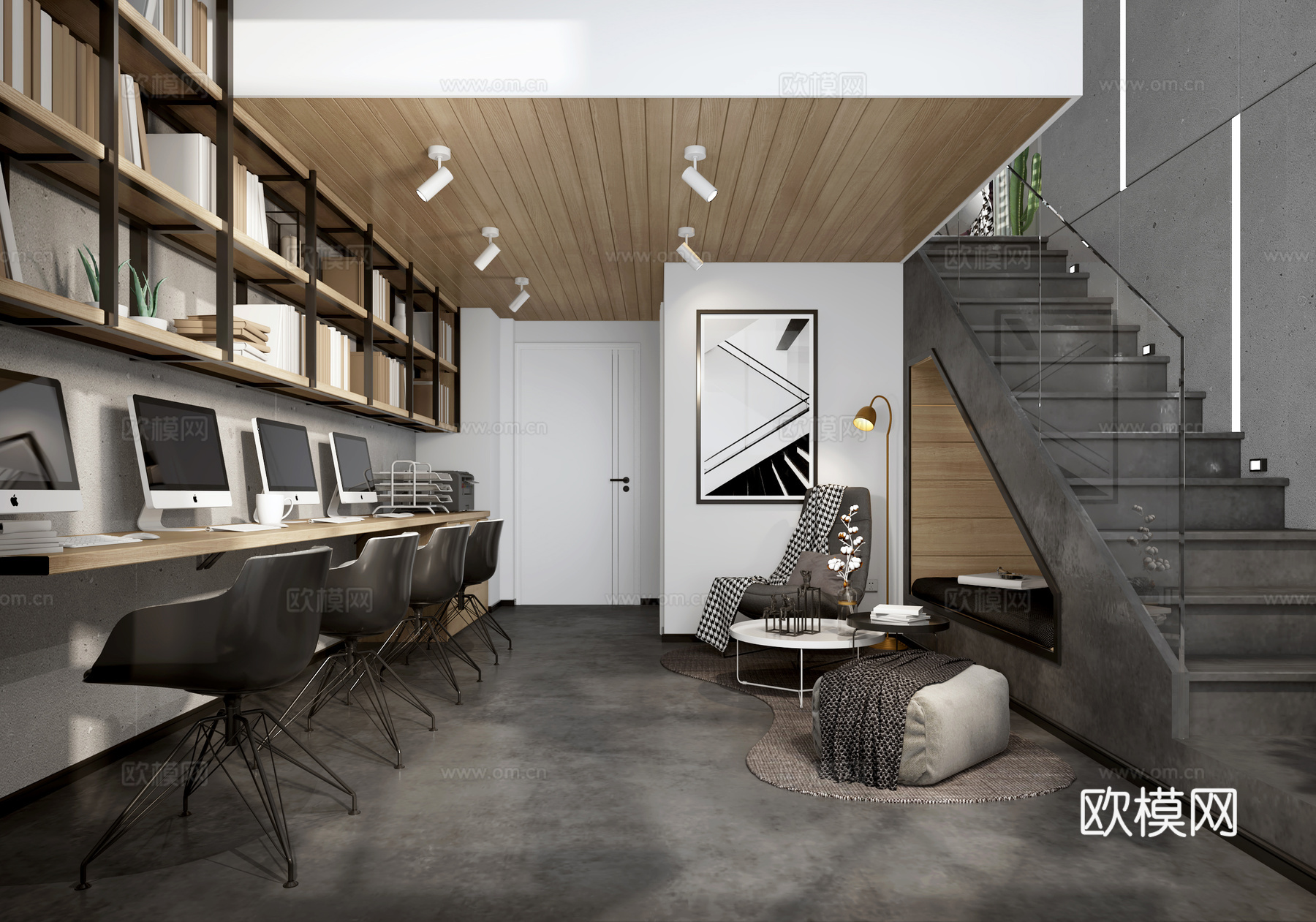 工业风现代loft工业风 办公室 休息区3d模型下载（渲染图3）
