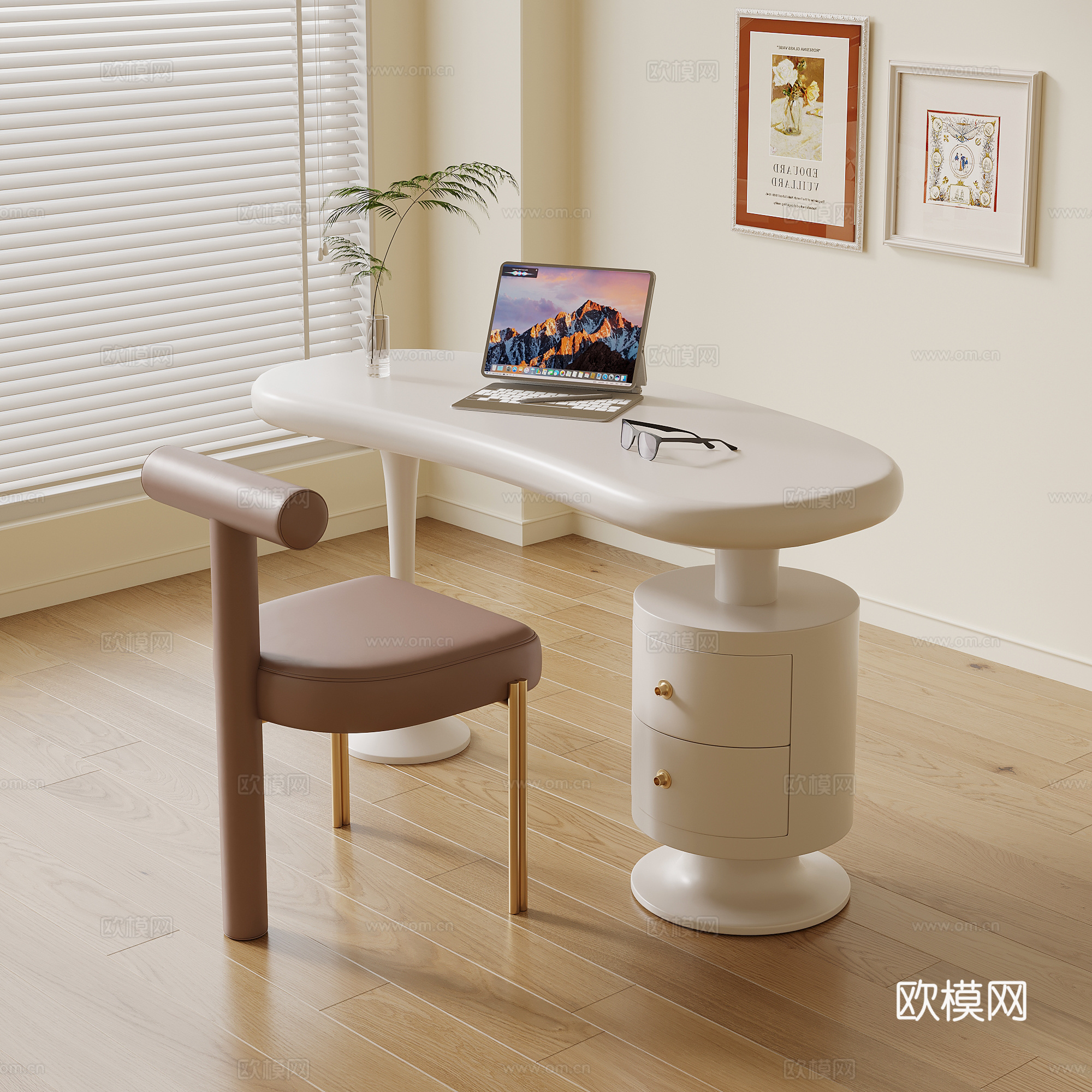 法式奶油风书桌椅 休闲桌椅su模型