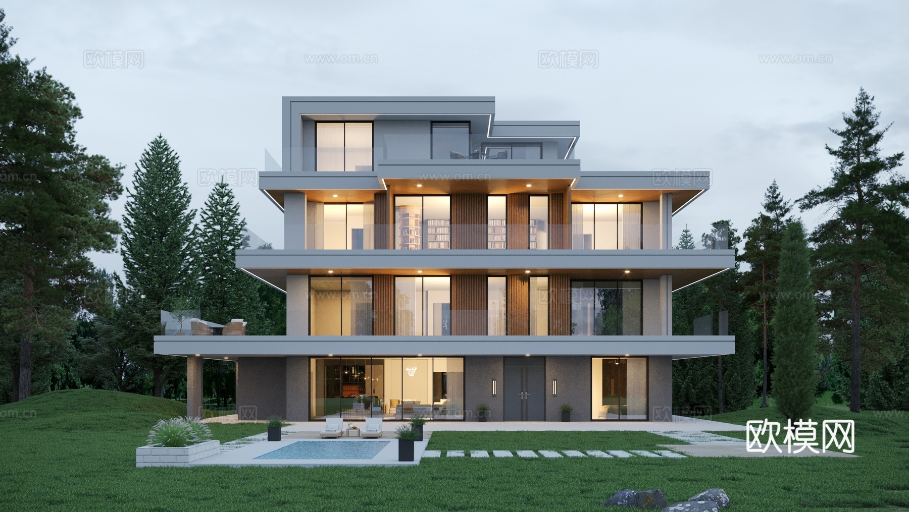 现代别墅建筑外观  现代三层别墅  农村自建房3d模型下载