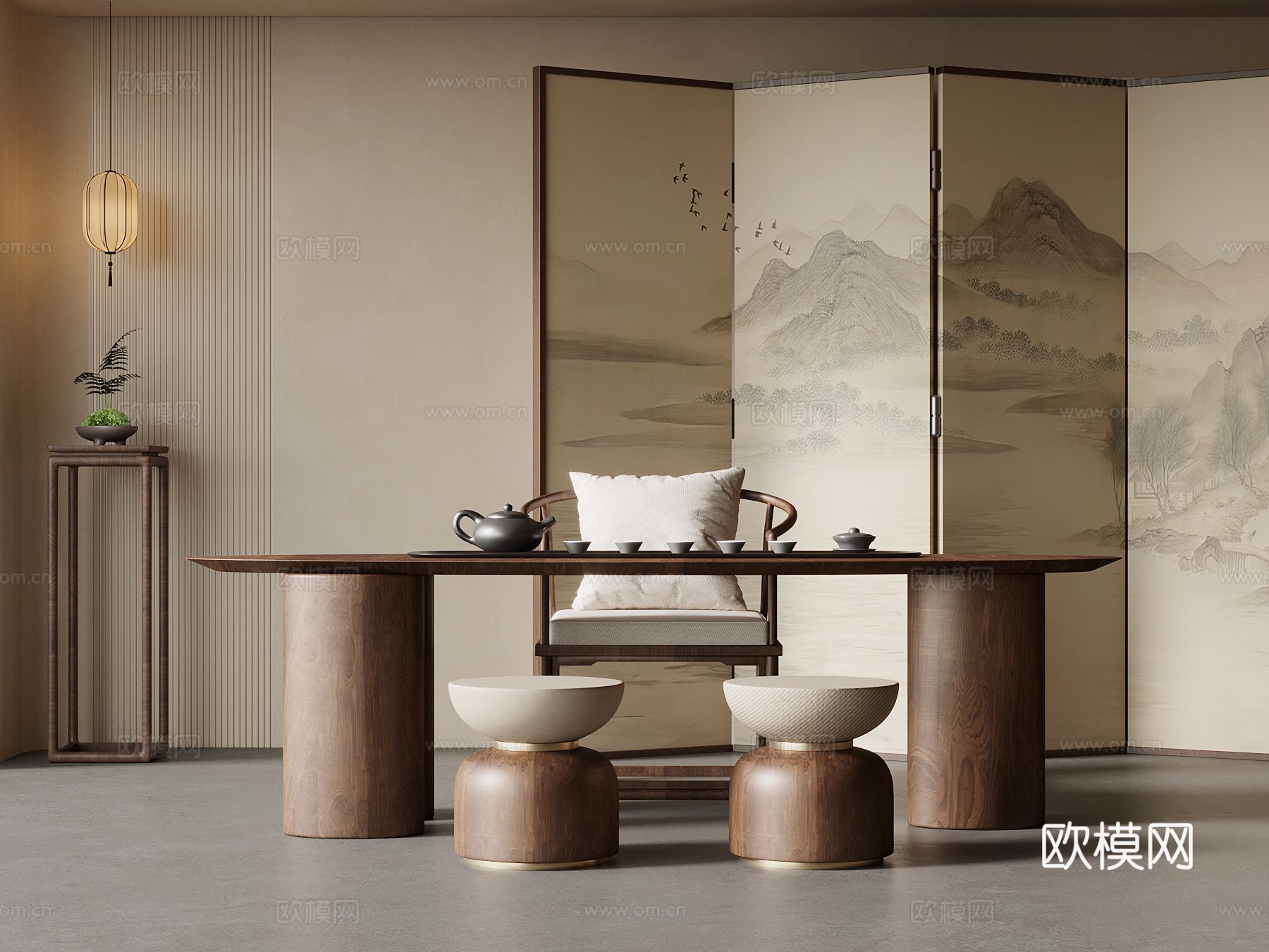 新中式茶桌椅 屏风3d模型下载