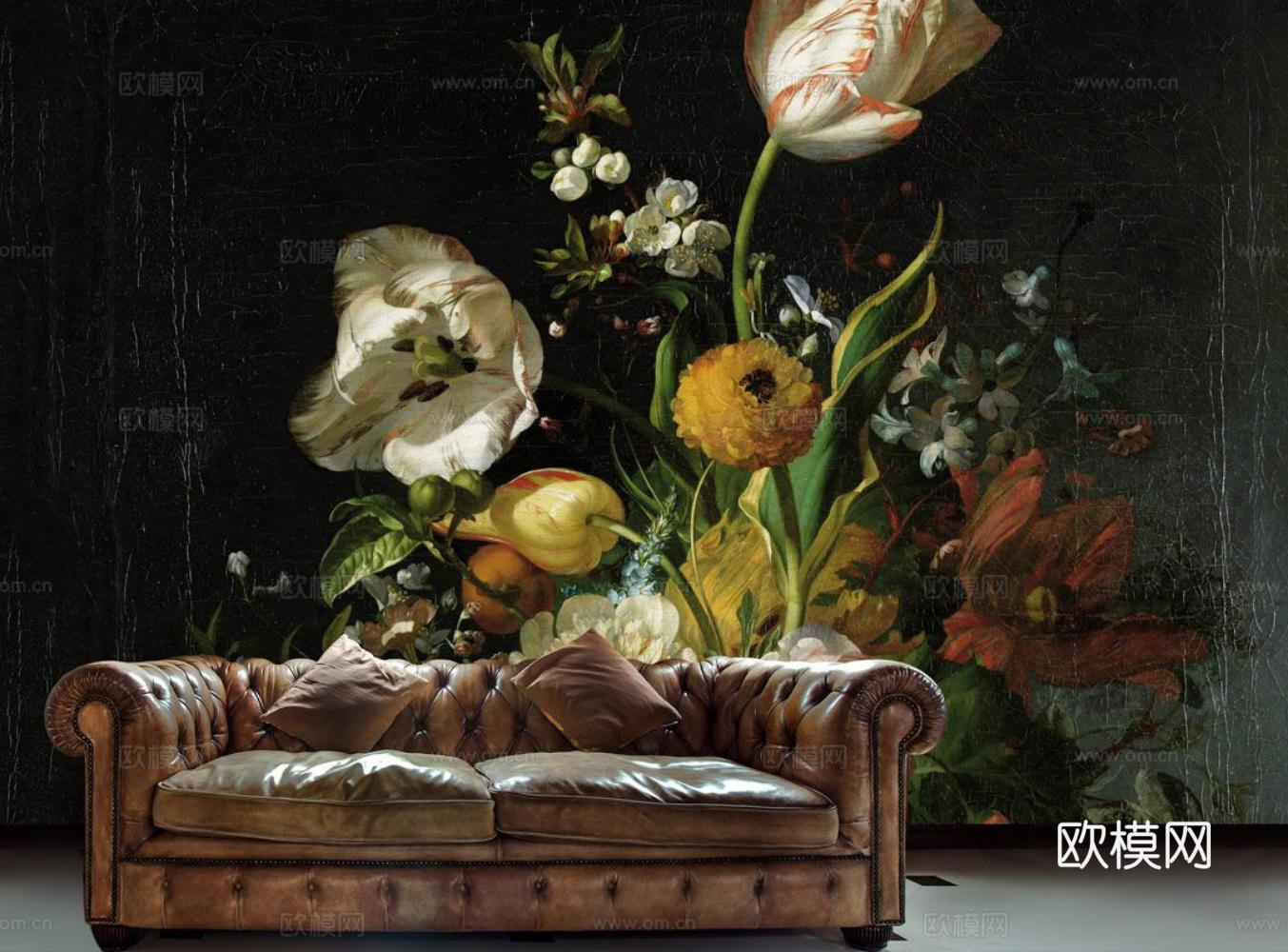 中古美式家居客厅 带动画 中古风壁画贴图下载