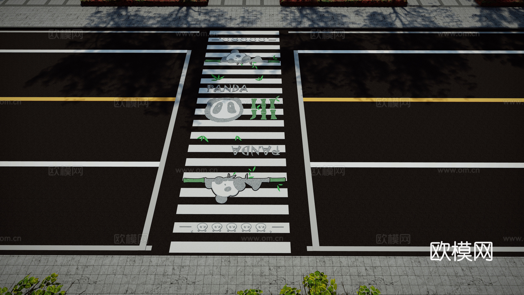 现代熊猫主题创意艺术彩绘网红趣味道路斑马线su模型