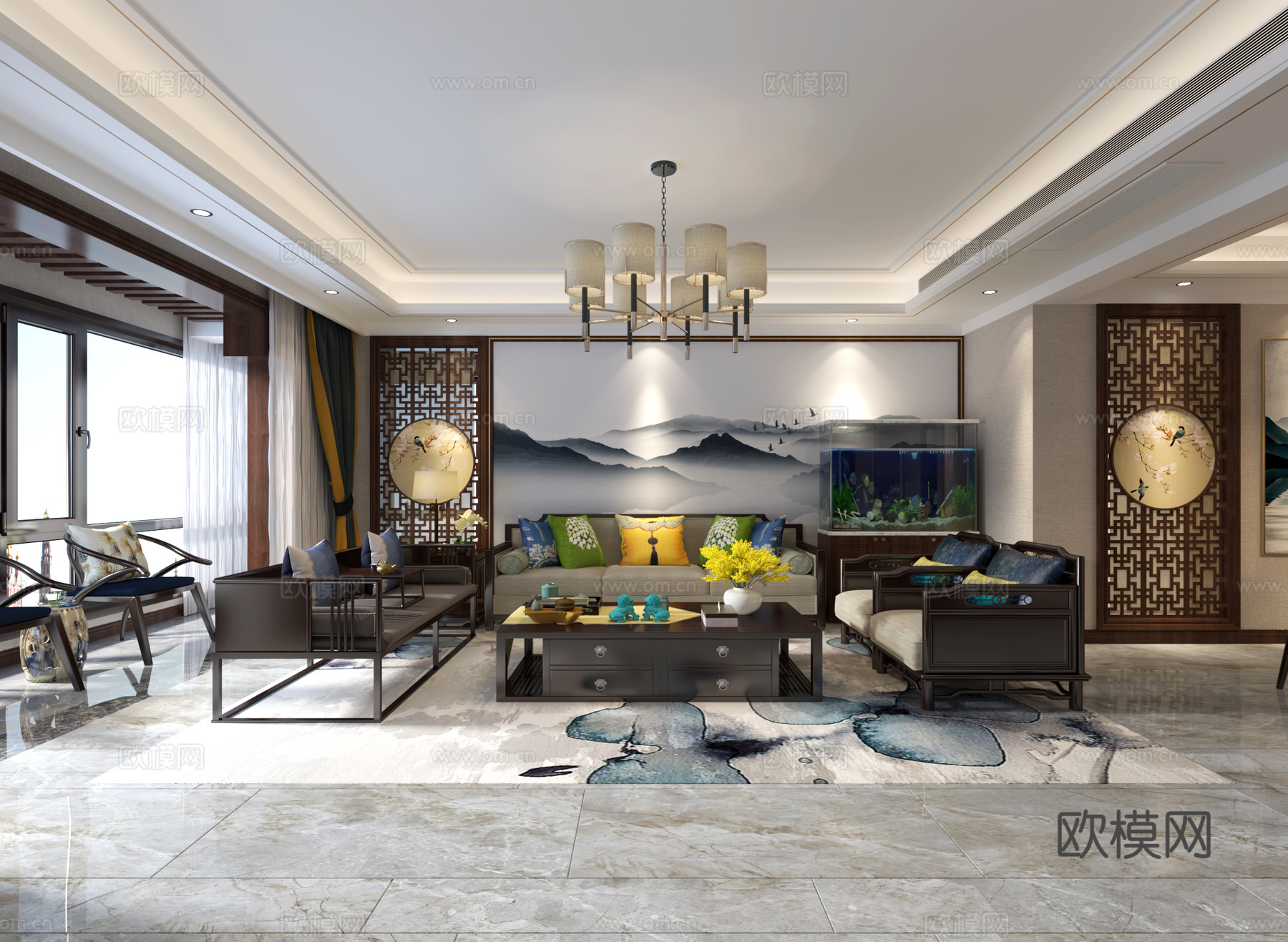 新中式客餐厅门厅3d模型3d模型下载（渲染图2）