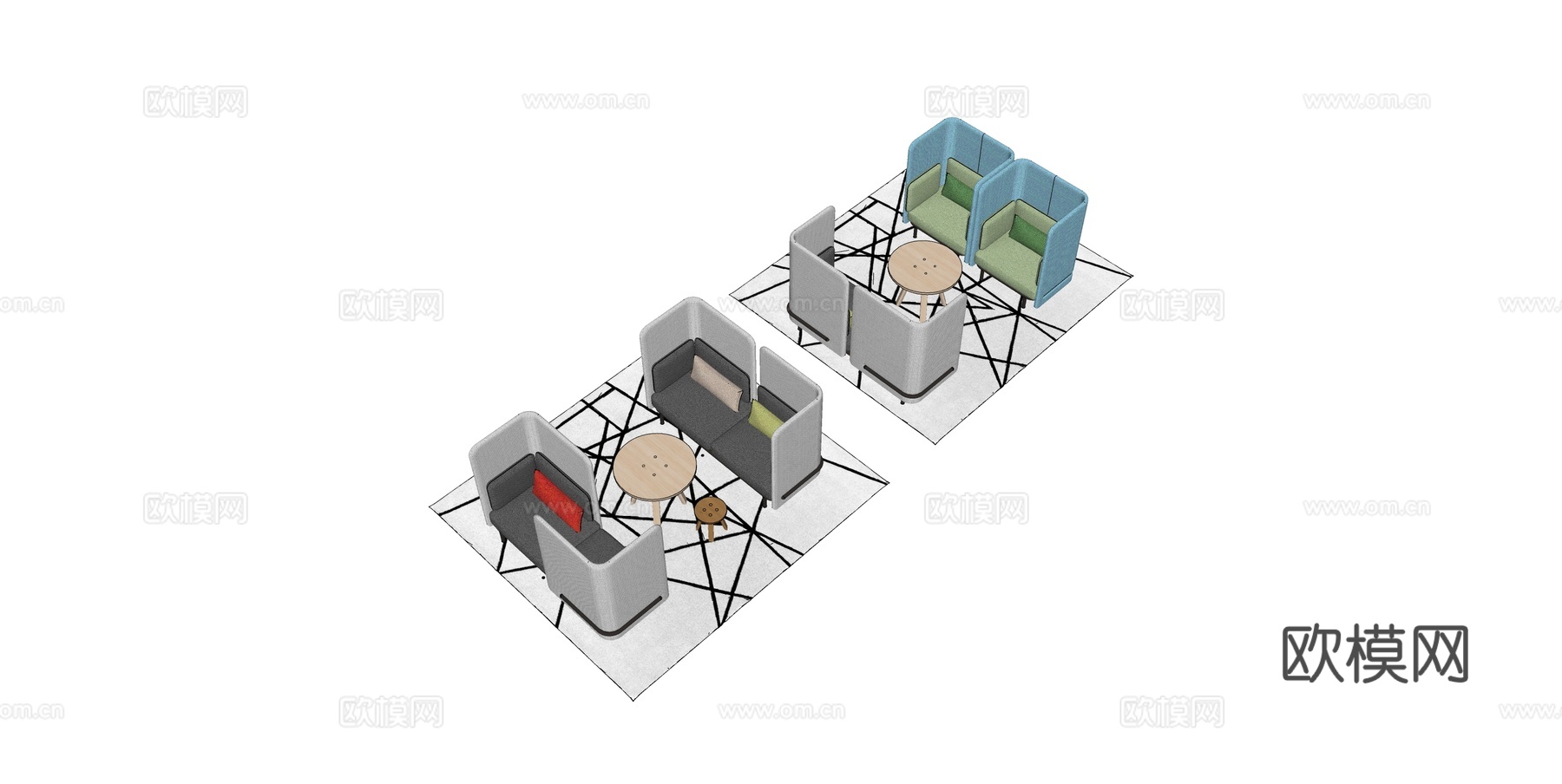 现代办公卡座 双区会谈家具组 灰调几何休闲角su模型