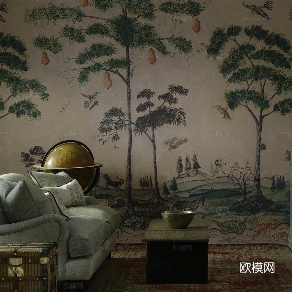中古美式家居客厅 带动画 中古风壁画贴图下载