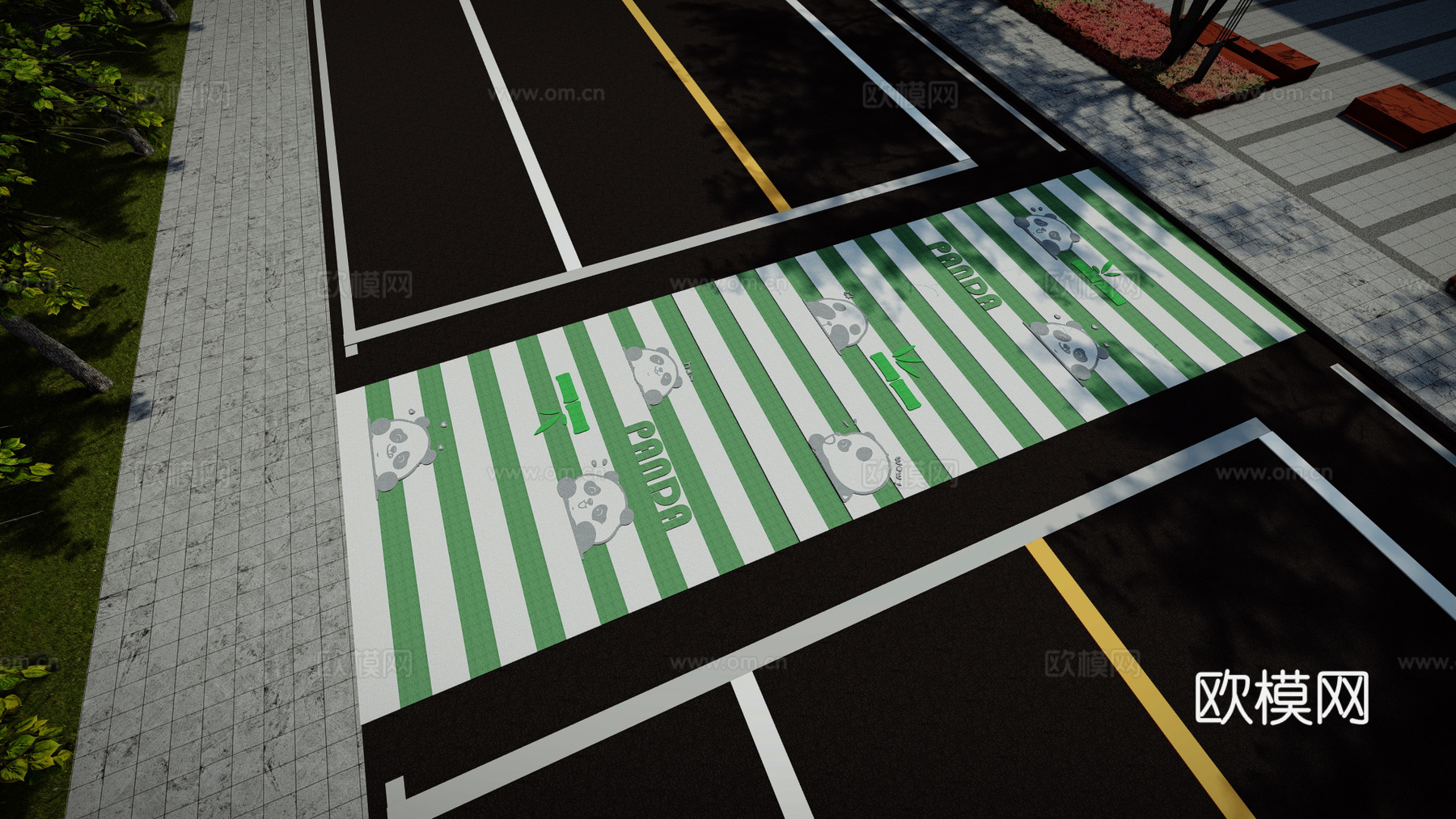 现代熊猫主题创意艺术彩绘网红趣味道路斑马线su模型