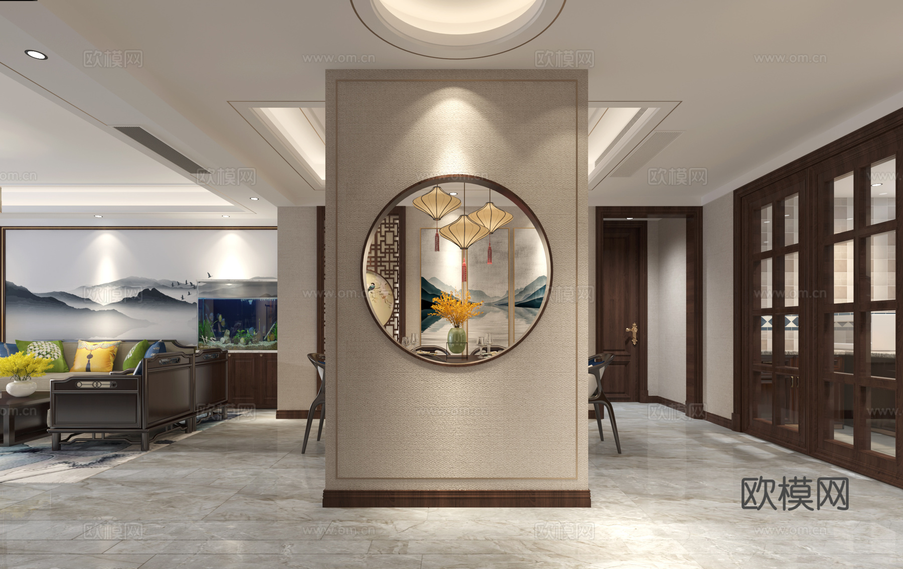 新中式客餐厅门厅3d模型3d模型下载（渲染图1）