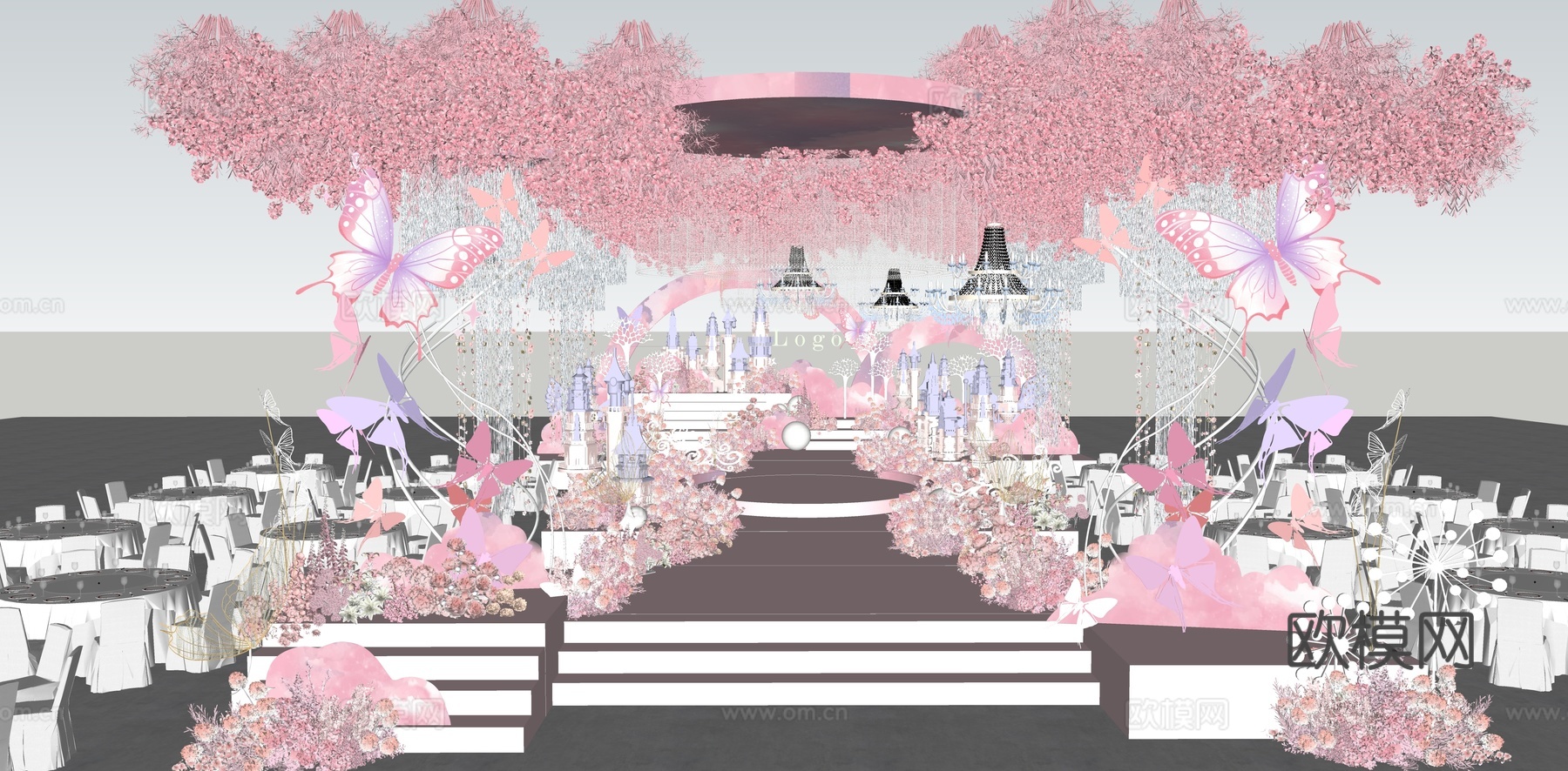 粉色蝴蝶梦幻城堡婚礼美陈su模型