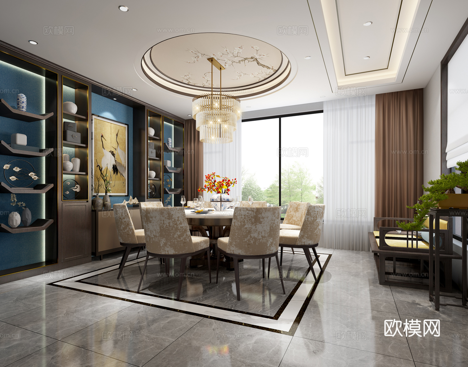 新中式水晶吊灯 餐边柜展示柜 罗汉榻 花瓶 摆件 饰品3d模型下载