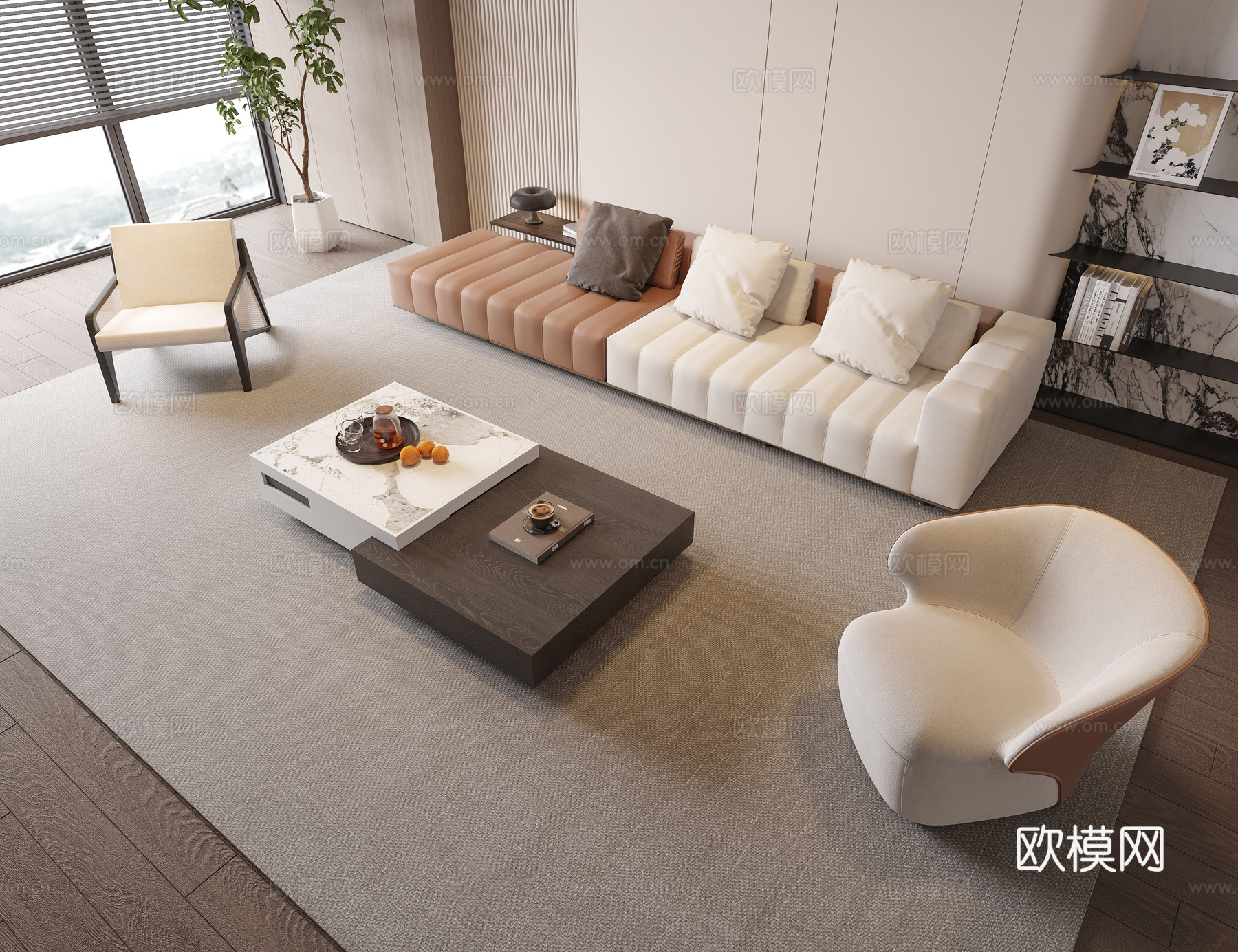 现代沙发茶几组合 多人沙发 三人沙发 皮革沙发su模型