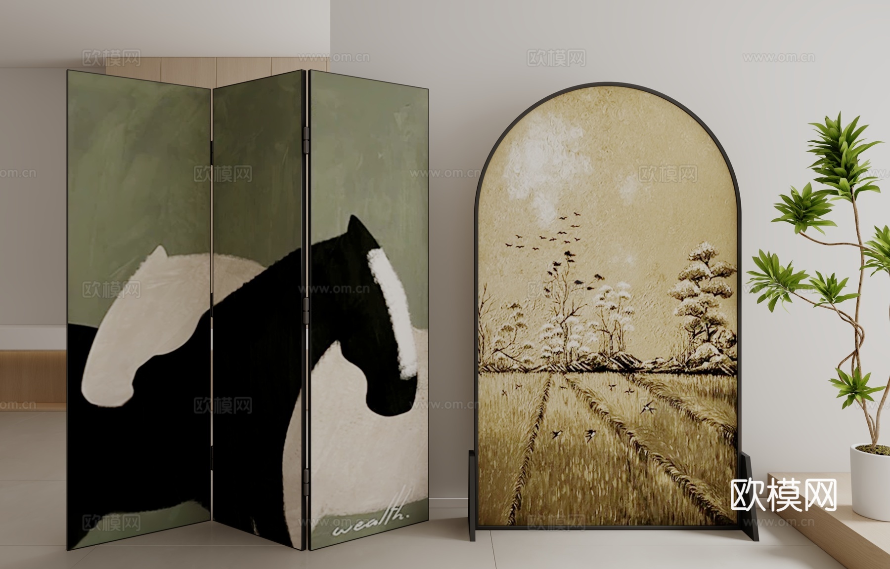 现代中古风屏风3d模型下载