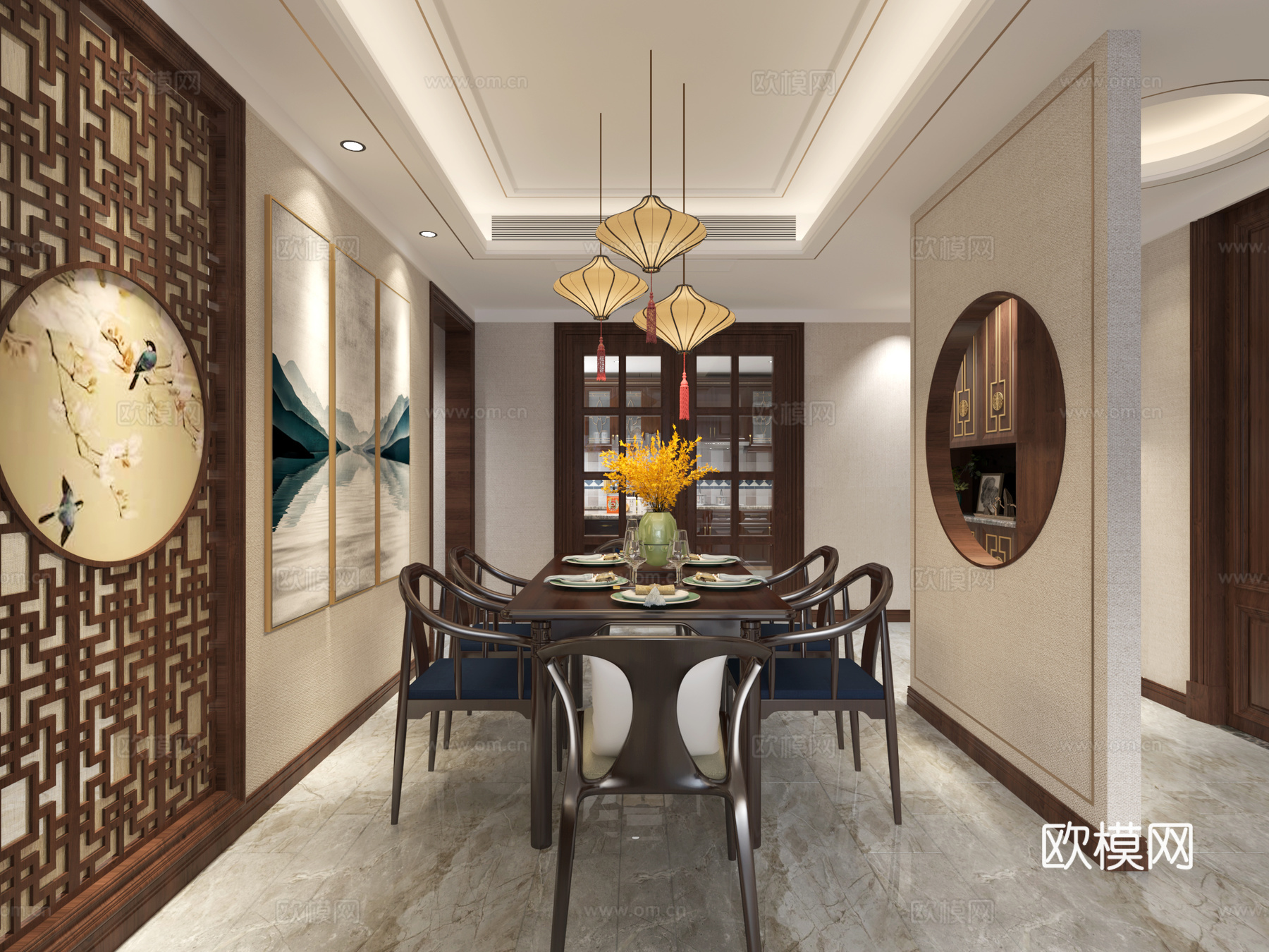 新中式客餐厅门厅3d模型3d模型下载（渲染图4）